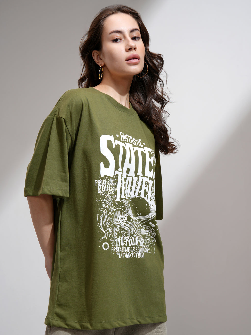 Tokyo Talkies Women Olive Printed Round Neck Oversized Fit T-Shirt - Olive - Image 6