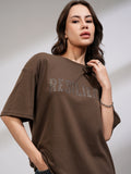 Tokyo Talkies Women Brown Embellished Round Neck Oversized Fit T-Shirt - Brown - Image 1