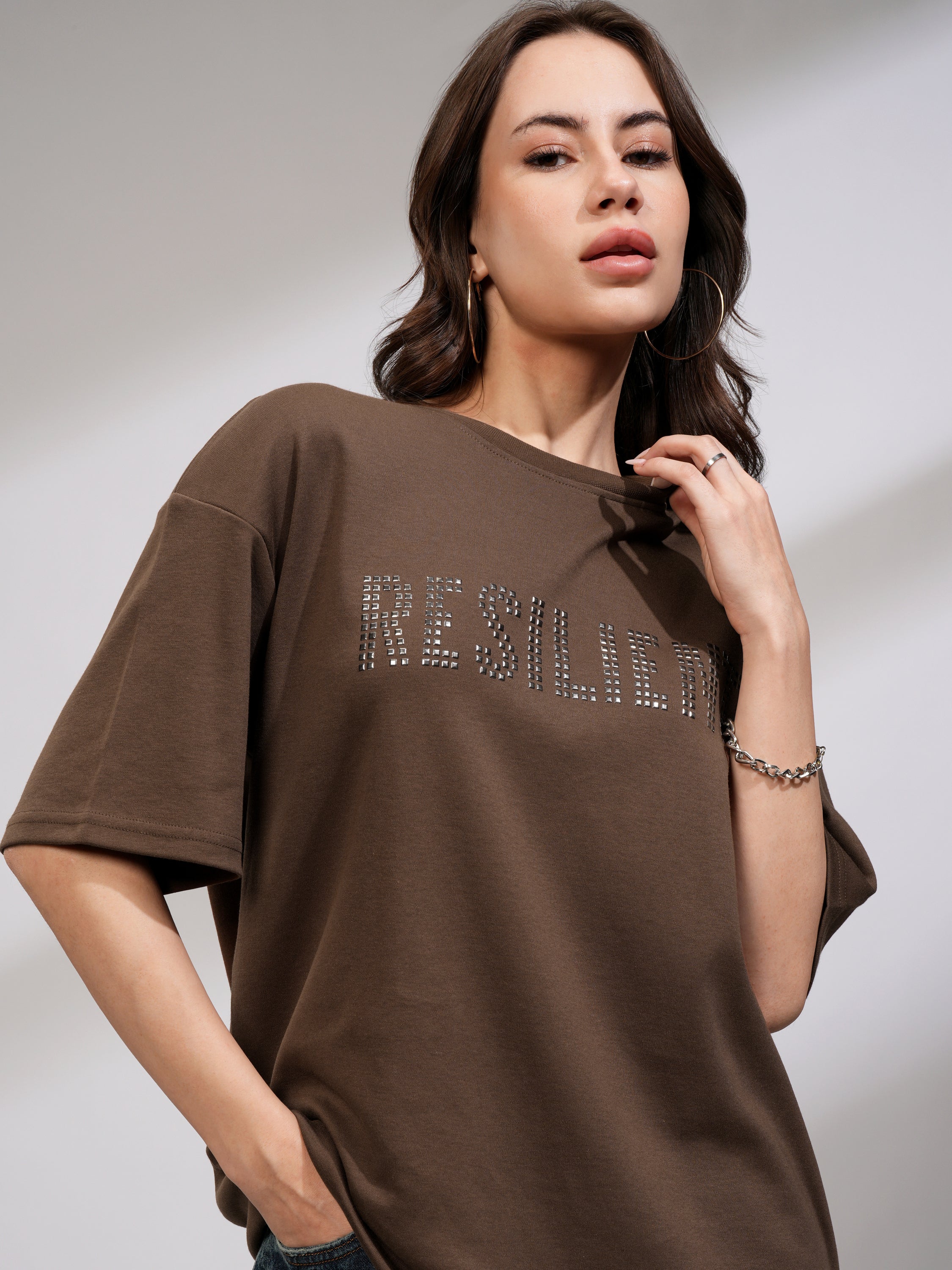 Tokyo Talkies Women Brown Embellished Round Neck Oversized Fit T-Shirt - Brown - Image 1