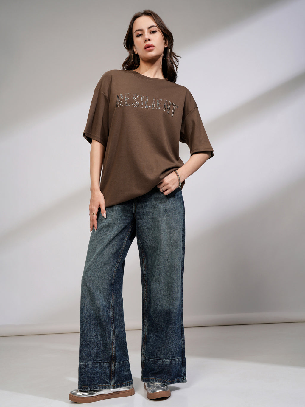 Tokyo Talkies Women Brown Embellished Round Neck Oversized Fit T-Shirt - Brown - Image 2