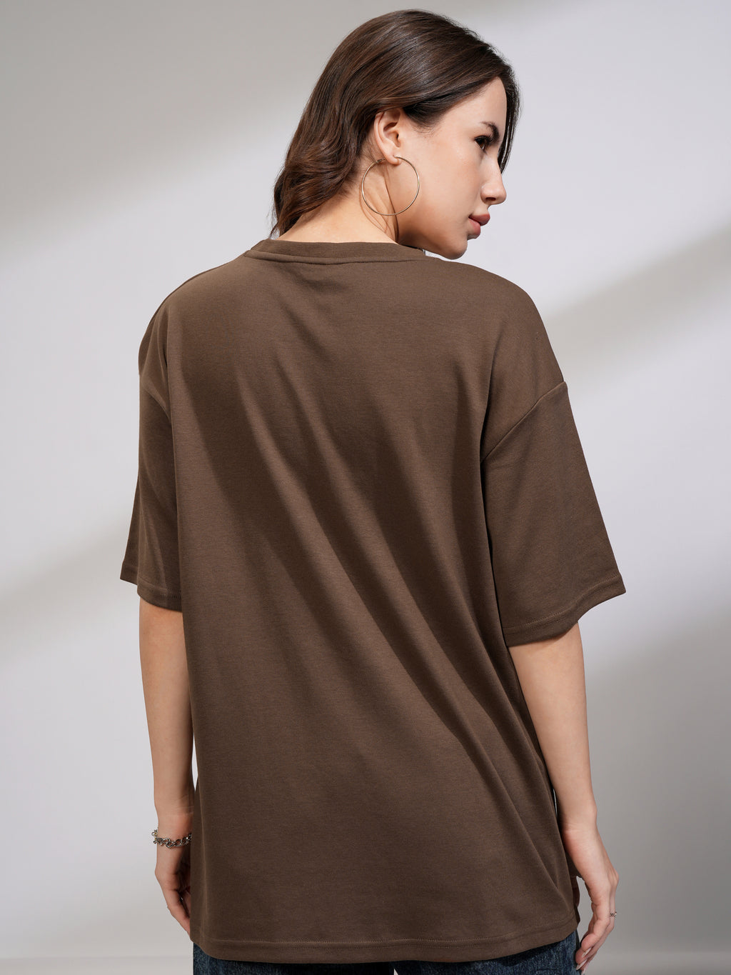 Tokyo Talkies Women Brown Embellished Round Neck Oversized Fit T-Shirt - Brown - Image 3