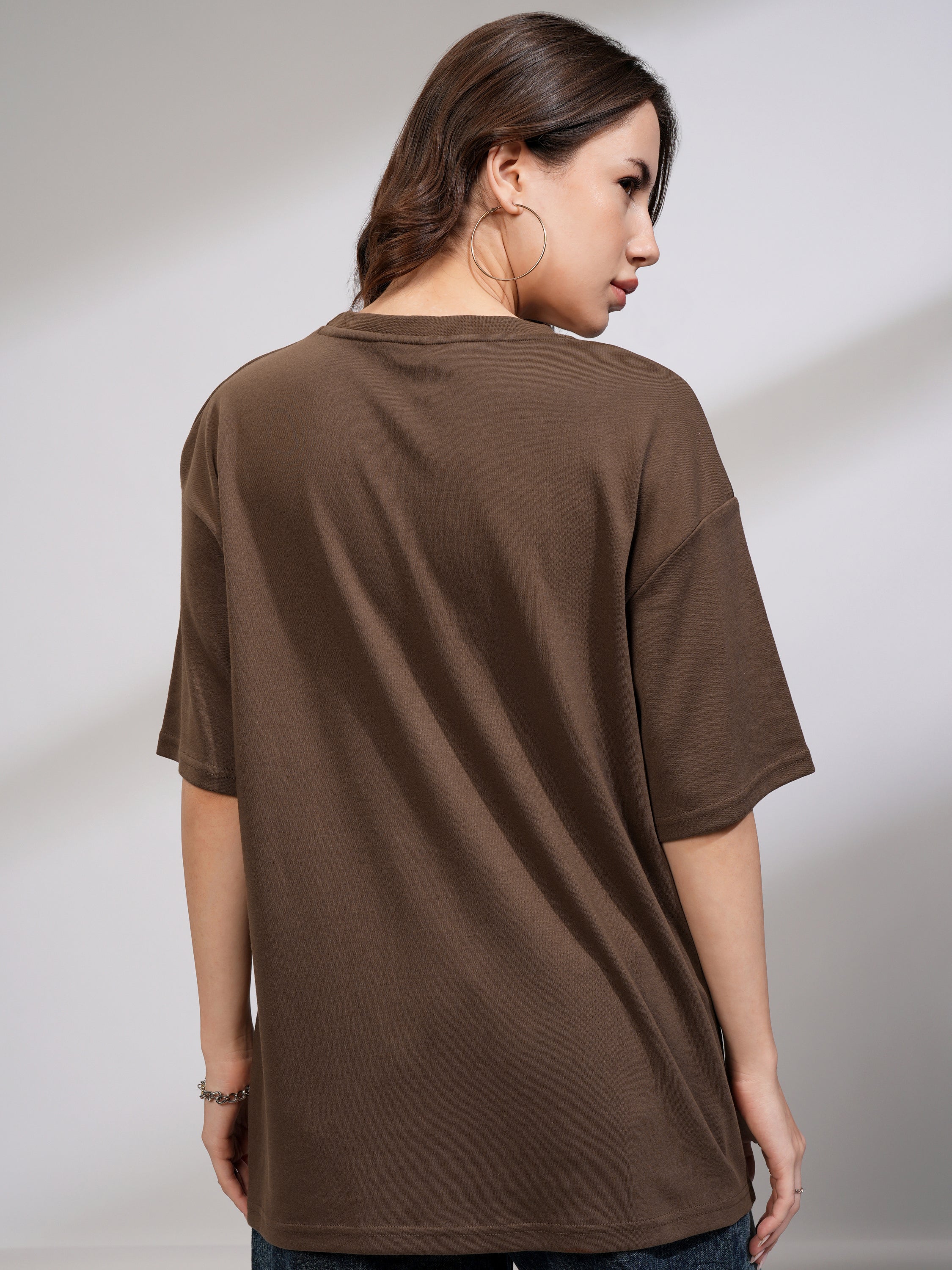 Tokyo Talkies Women Brown Embellished Round Neck Oversized Fit T-Shirt - Brown - Image 3