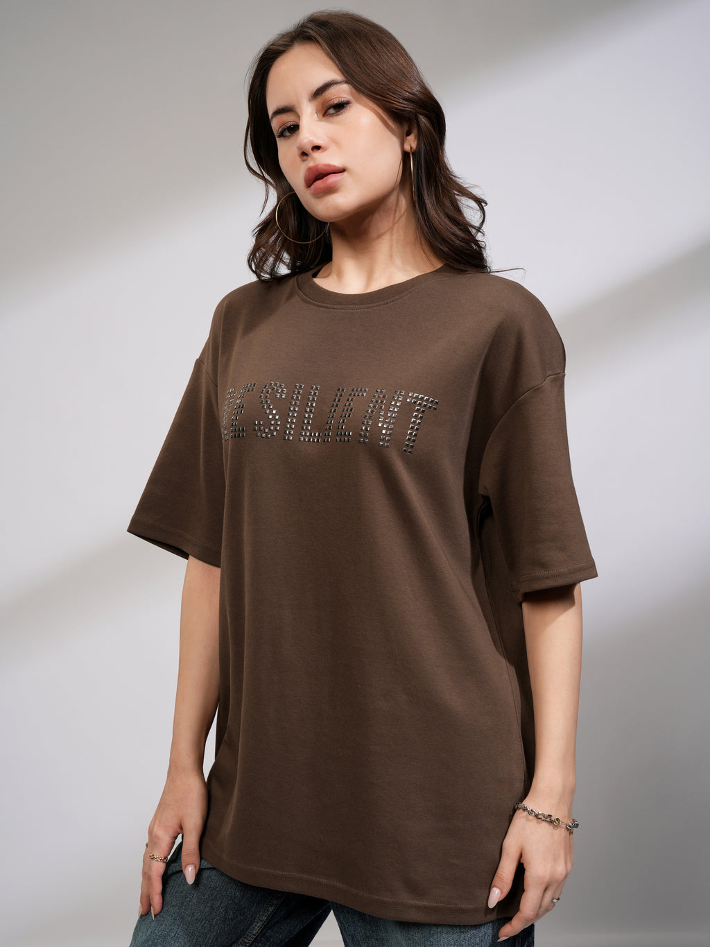 Tokyo Talkies Women Brown Embellished Round Neck Oversized Fit T-Shirt - Brown - Image 4