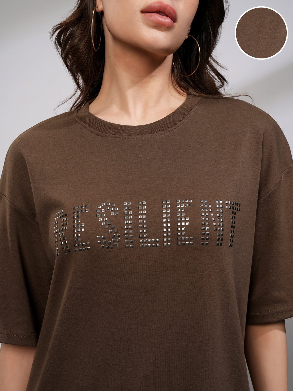 Tokyo Talkies Women Brown Embellished Round Neck Oversized Fit T-Shirt - Brown - Image 5