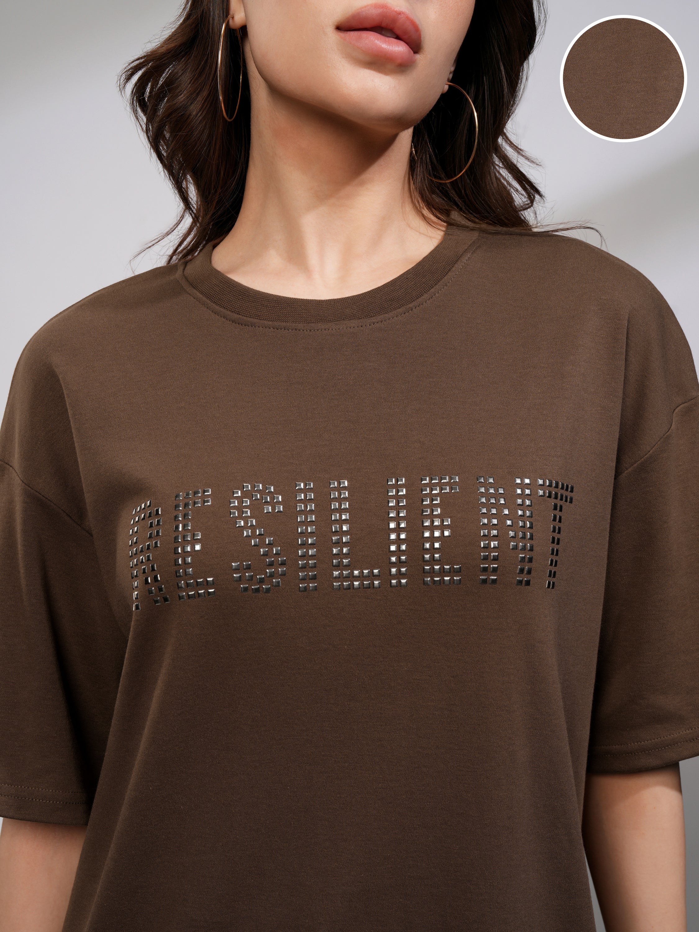 Tokyo Talkies Women Brown Embellished Round Neck Oversized Fit T-Shirt - Brown - Image 5