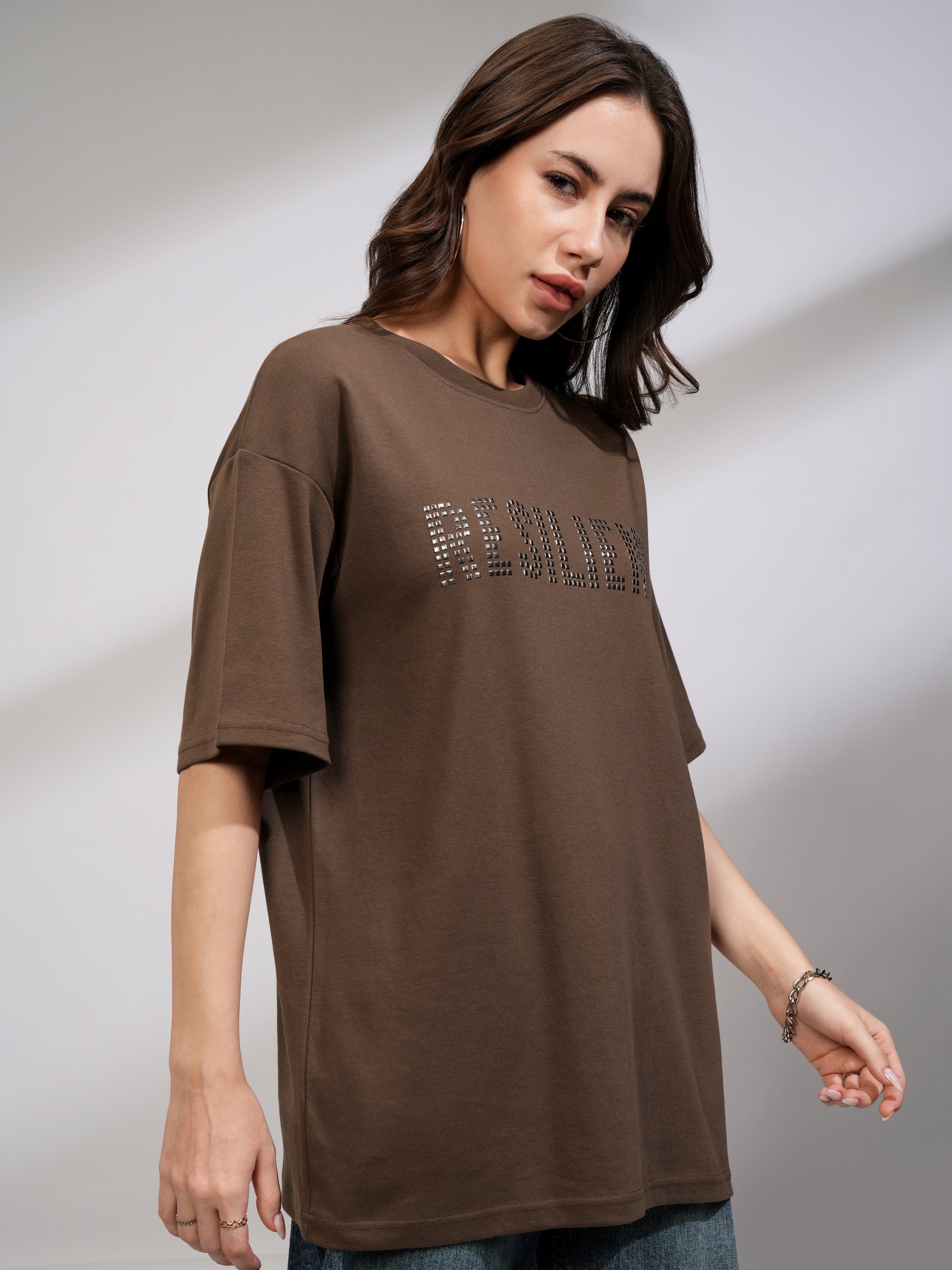 Tokyo Talkies Women Brown Embellished Round Neck Oversized Fit T-Shirt - Brown - Image 6