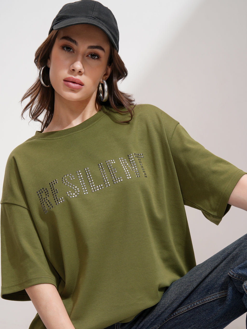 Tokyo Talkies Women Olive Embellished Round Neck Oversized Fit T-Shirt - Olive - Image 1
