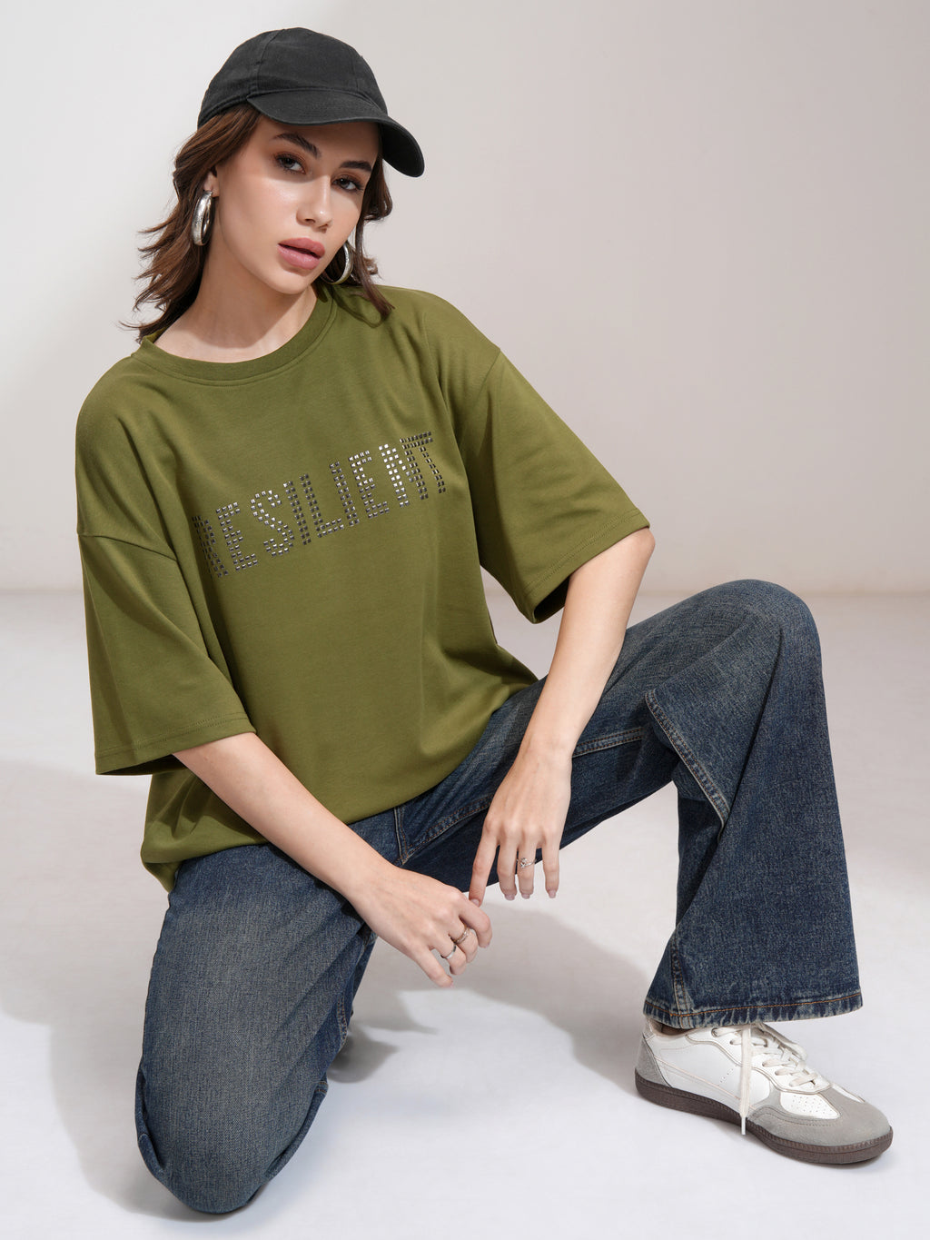 Tokyo Talkies Women Olive Embellished Round Neck Oversized Fit T-Shirt - Olive - Image 2