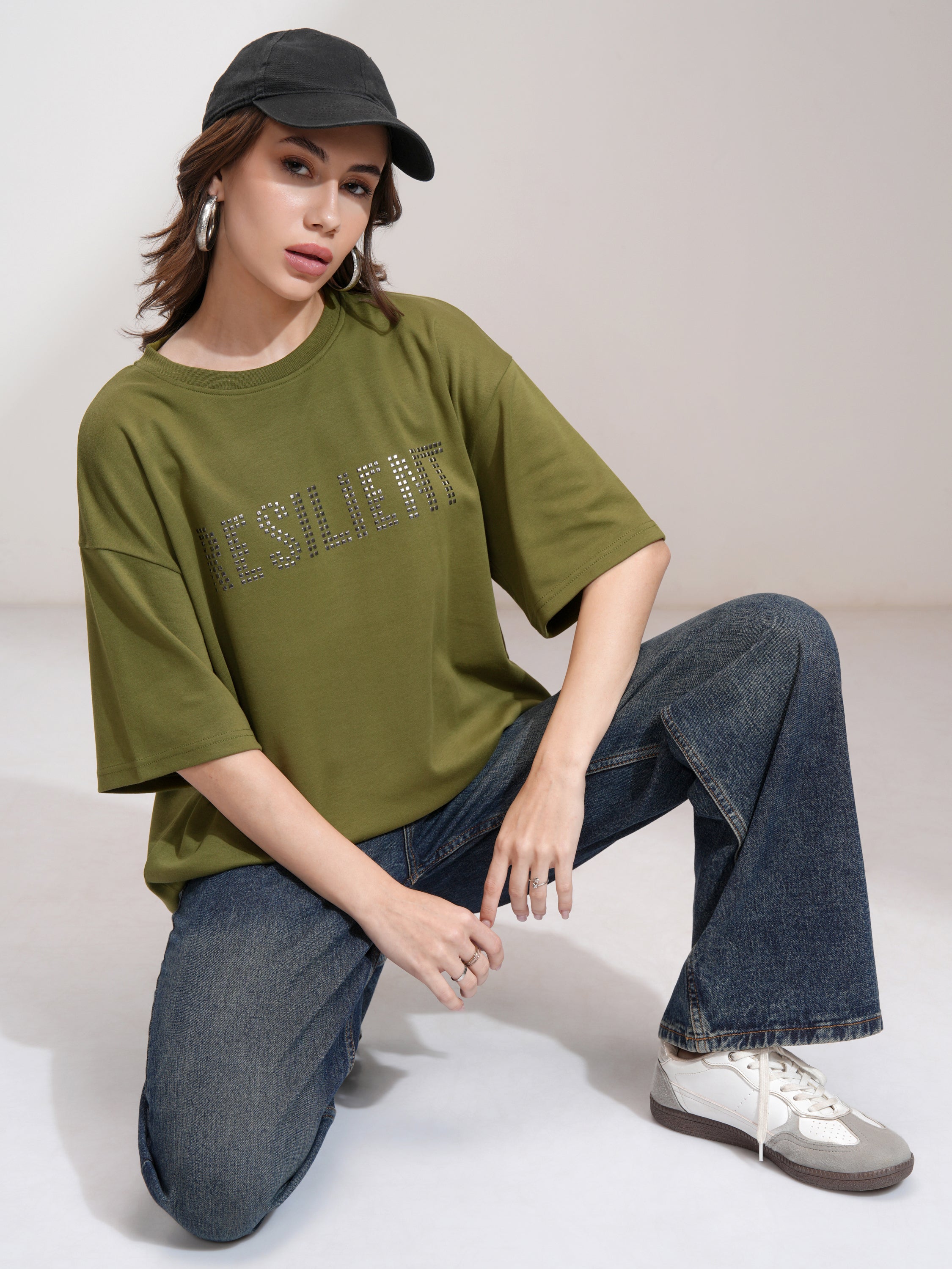Tokyo Talkies Women Olive Embellished Round Neck Oversized Fit T-Shirt - Olive - Image 2