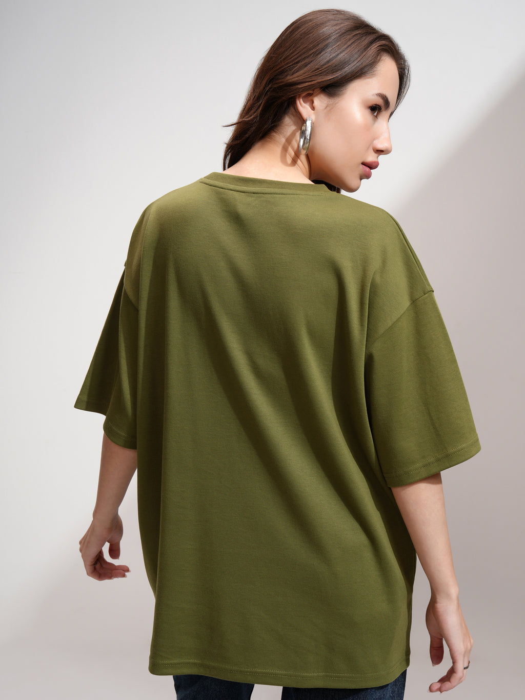 Tokyo Talkies Women Olive Embellished Round Neck Oversized Fit T-Shirt - Olive - Image 3