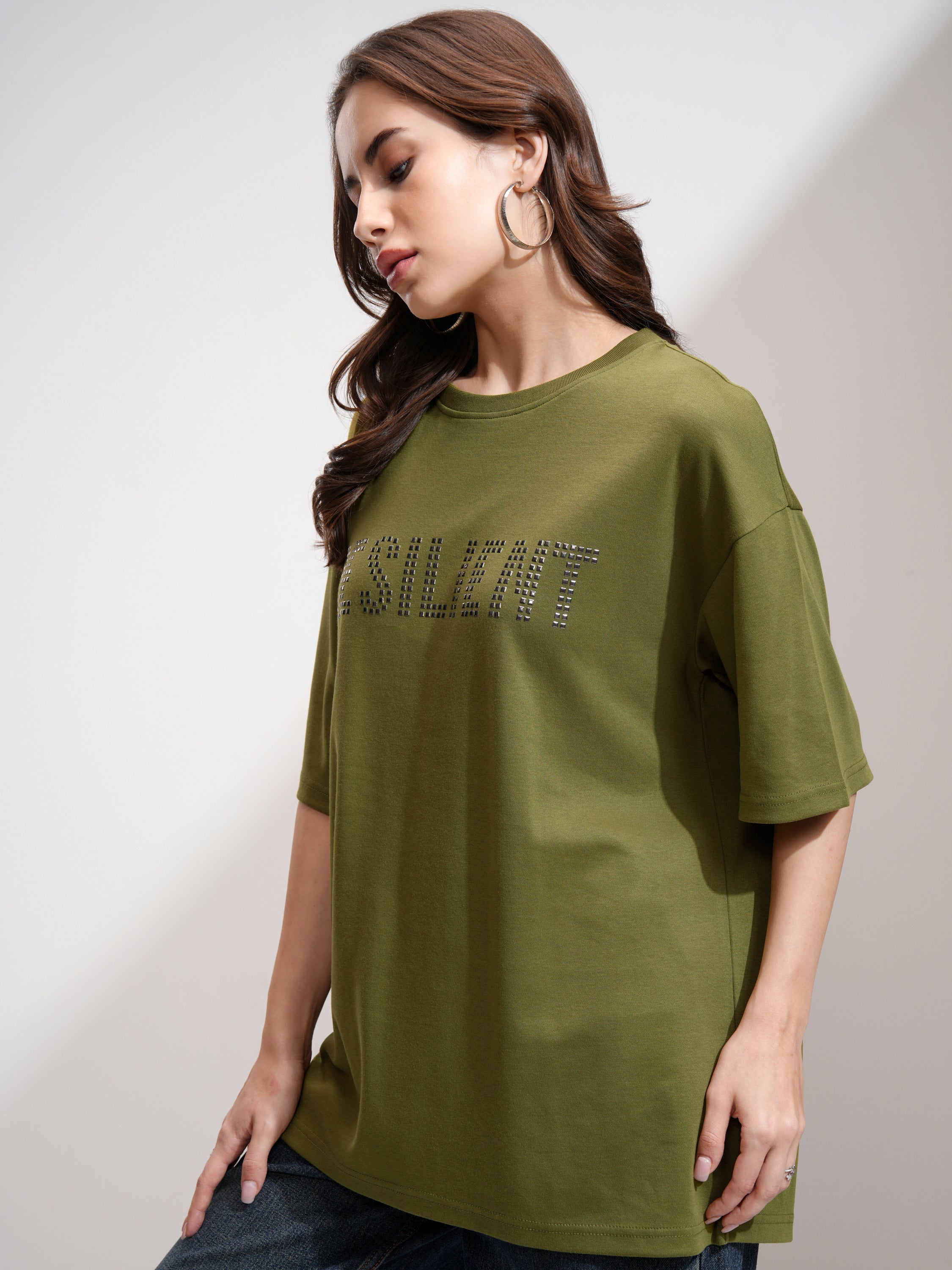 Tokyo Talkies Women Olive Embellished Round Neck Oversized Fit T-Shirt - Olive - Image 4