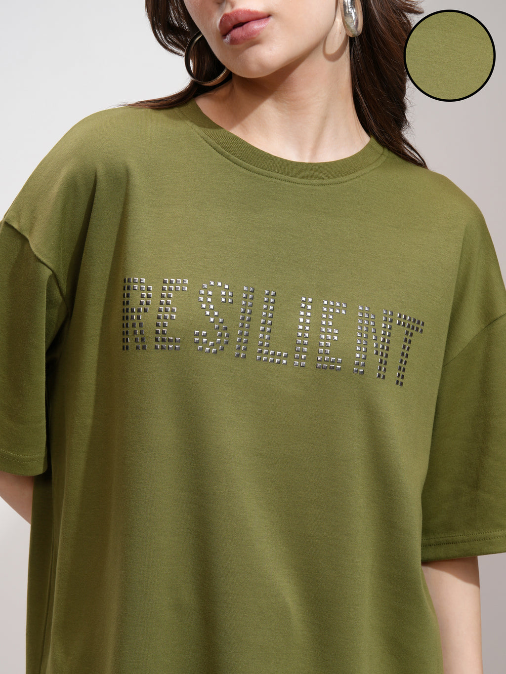 Tokyo Talkies Women Olive Embellished Round Neck Oversized Fit T-Shirt - Olive - Image 5