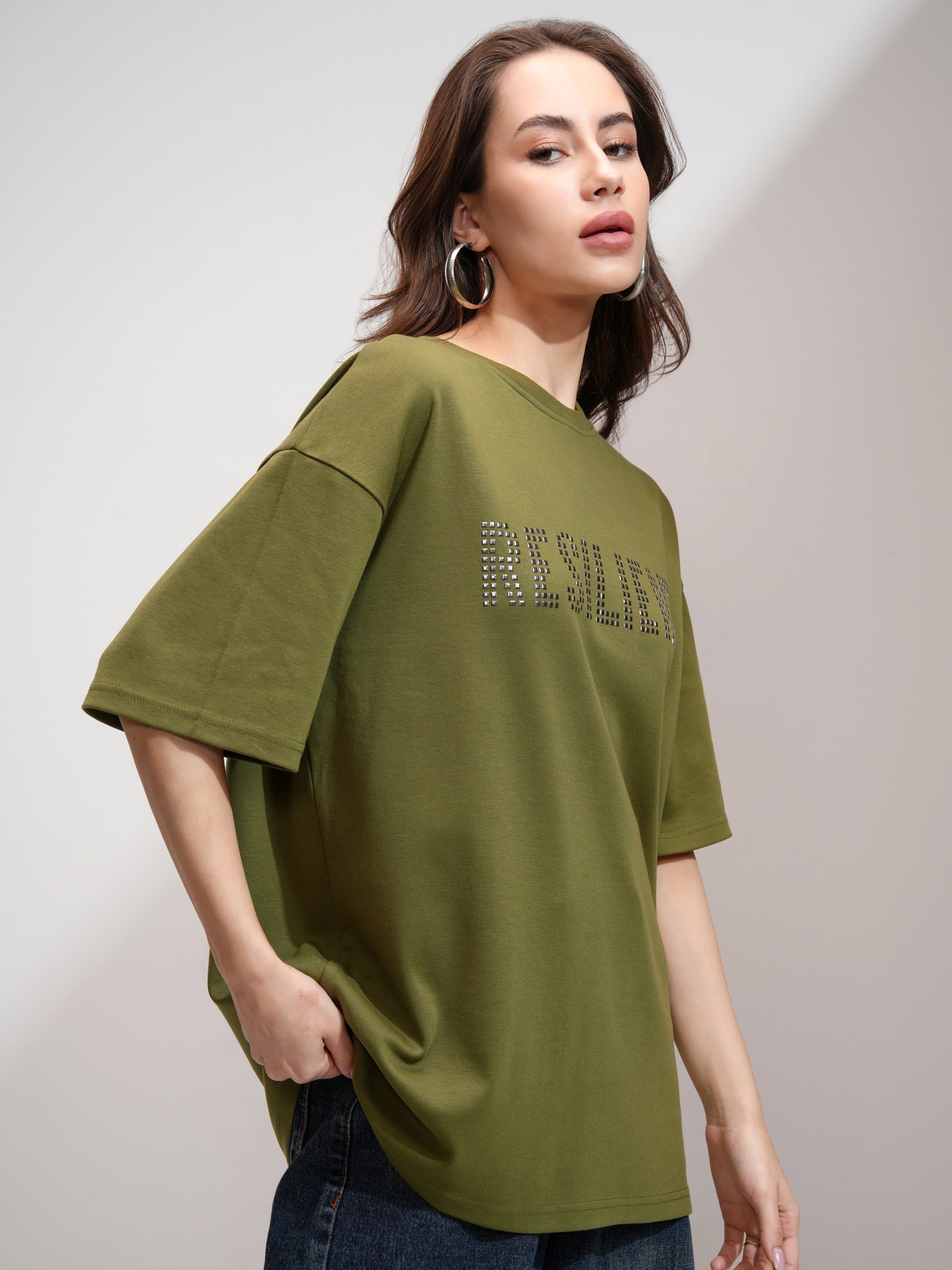 Tokyo Talkies Women Olive Embellished Round Neck Oversized Fit T-Shirt - Olive - Image 6