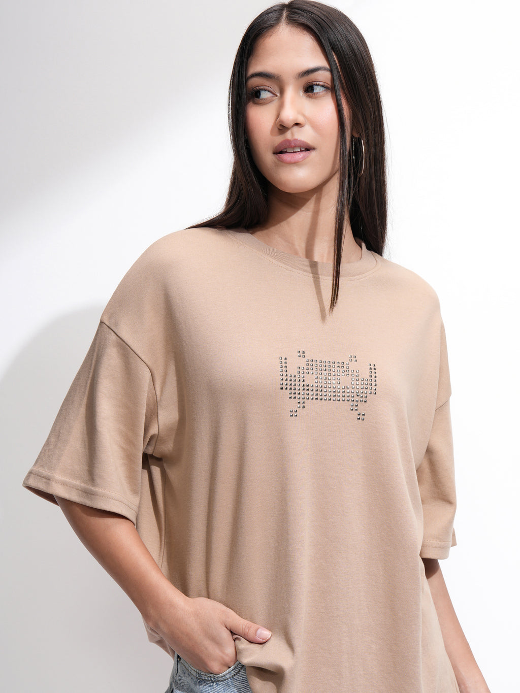 Tokyo Talkies Women Beige Embellished Round Neck Oversized Fit T-Shirt - Beige - Image 1