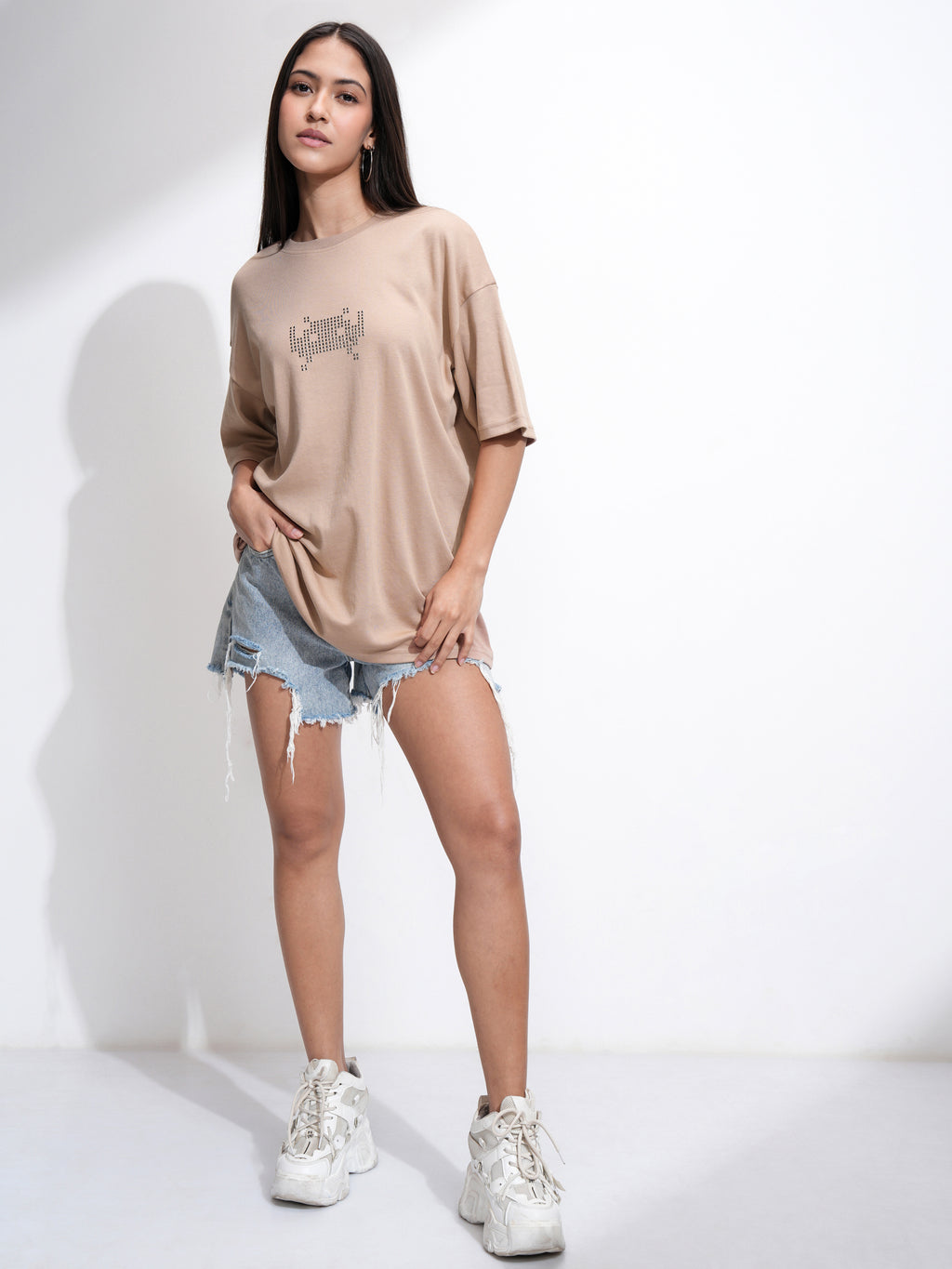 Tokyo Talkies Women Beige Embellished Round Neck Oversized Fit T-Shirt - Beige - Image 2