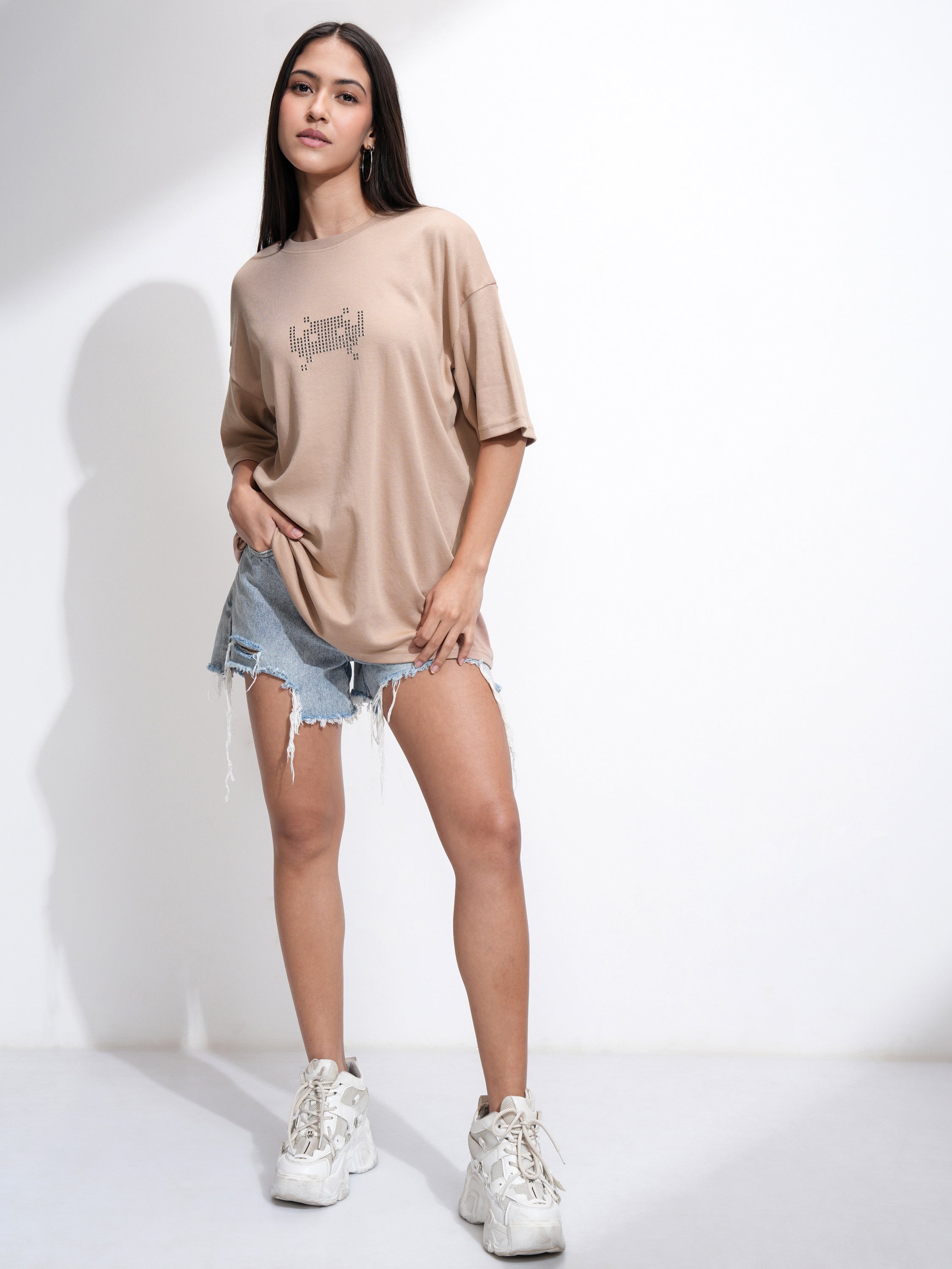 Tokyo Talkies Women Beige Embellished Round Neck Oversized Fit T-Shirt - Beige - Image 2