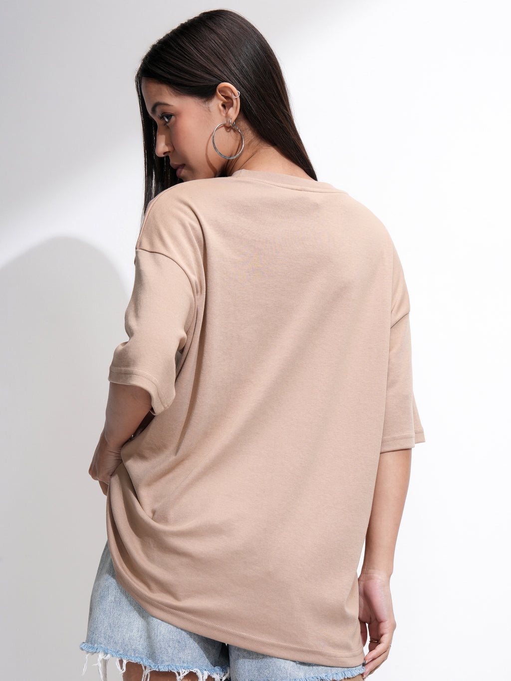 Tokyo Talkies Women Beige Embellished Round Neck Oversized Fit T-Shirt - Beige - Image 3