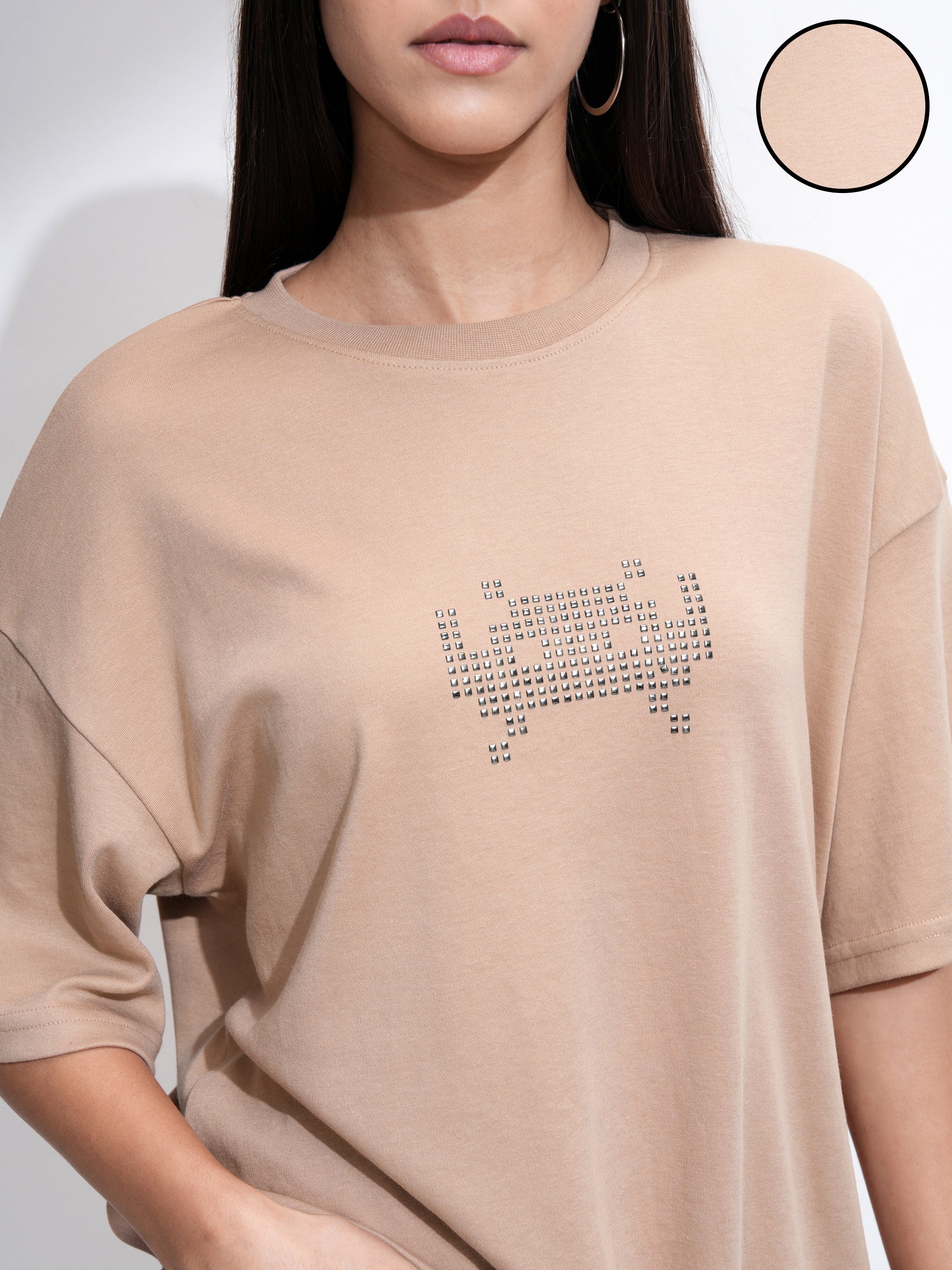 Tokyo Talkies Women Beige Embellished Round Neck Oversized Fit T-Shirt - Beige - Image 5
