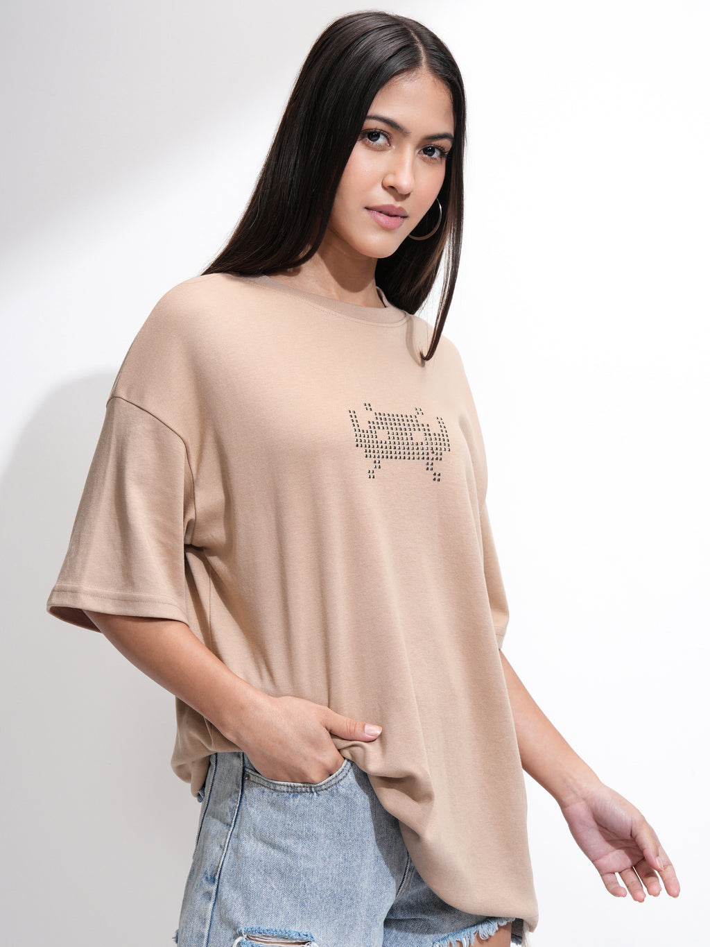 Tokyo Talkies Women Beige Embellished Round Neck Oversized Fit T-Shirt - Beige - Image 6
