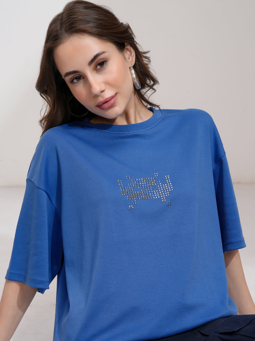 Tokyo Talkies Women Blue Embellished Round Neck Oversized Fit T-Shirt - Blue - Image 1