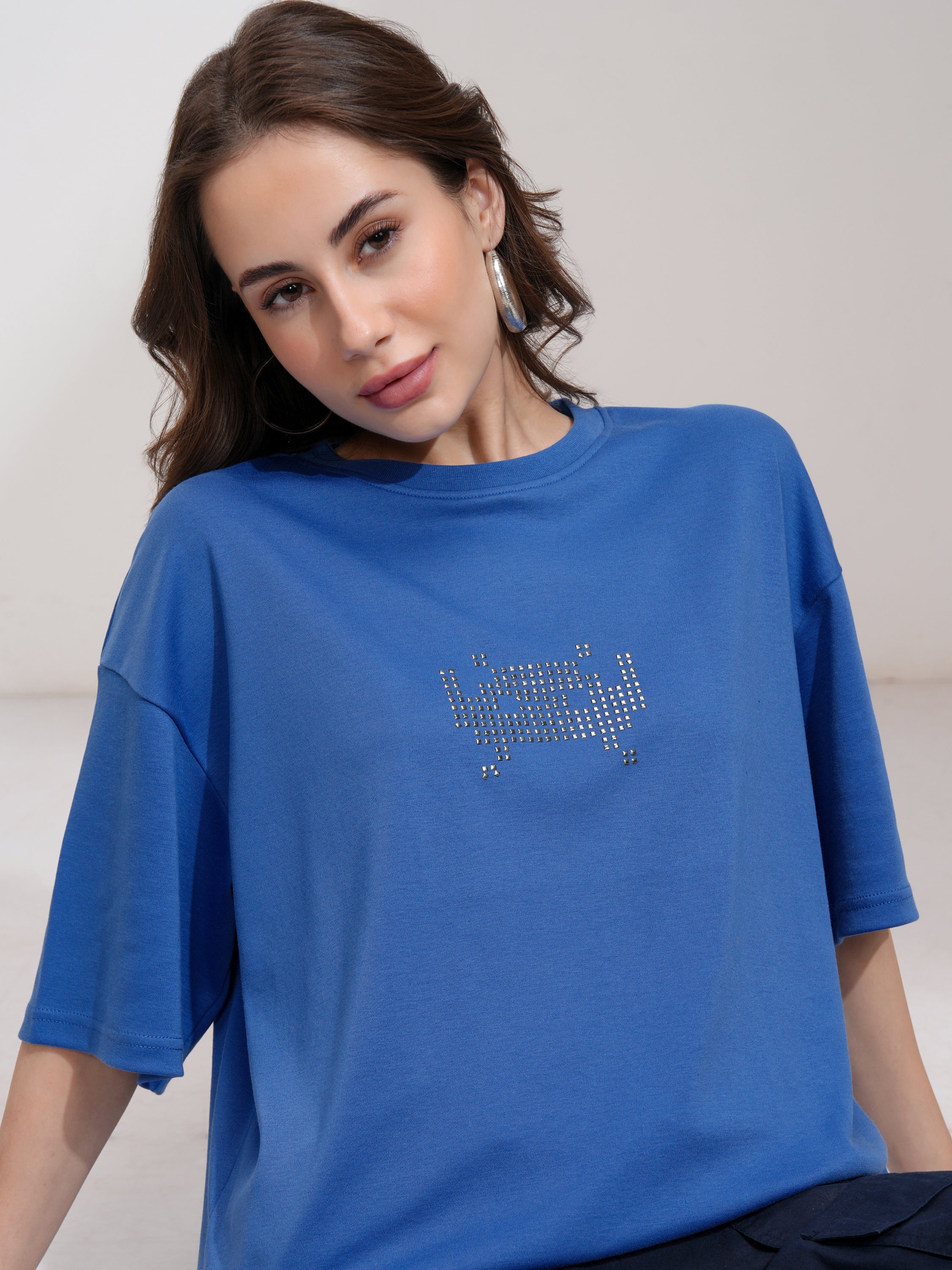 Tokyo Talkies Women Blue Embellished Round Neck Oversized Fit T-Shirt - Blue - Image 1