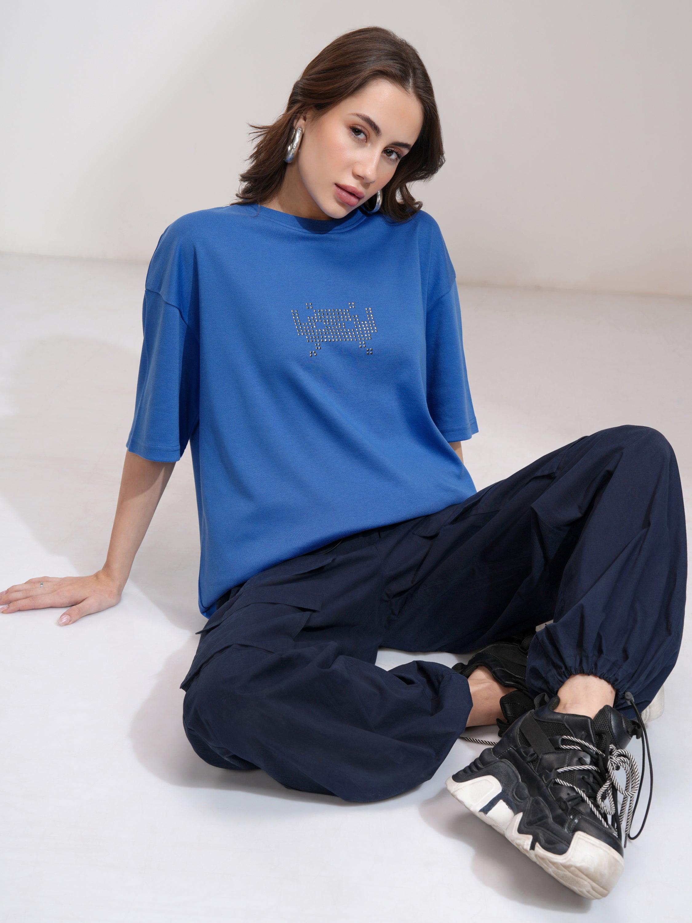 Tokyo Talkies Women Blue Embellished Round Neck Oversized Fit T-Shirt - Blue - Image 2