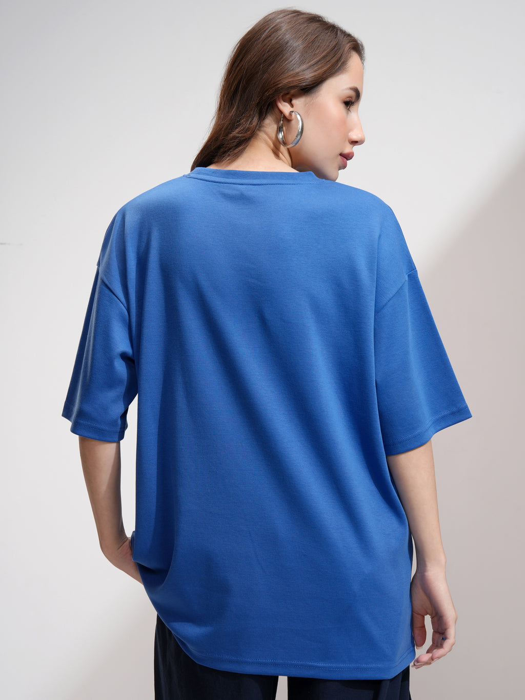 Tokyo Talkies Women Blue Embellished Round Neck Oversized Fit T-Shirt - Blue - Image 3