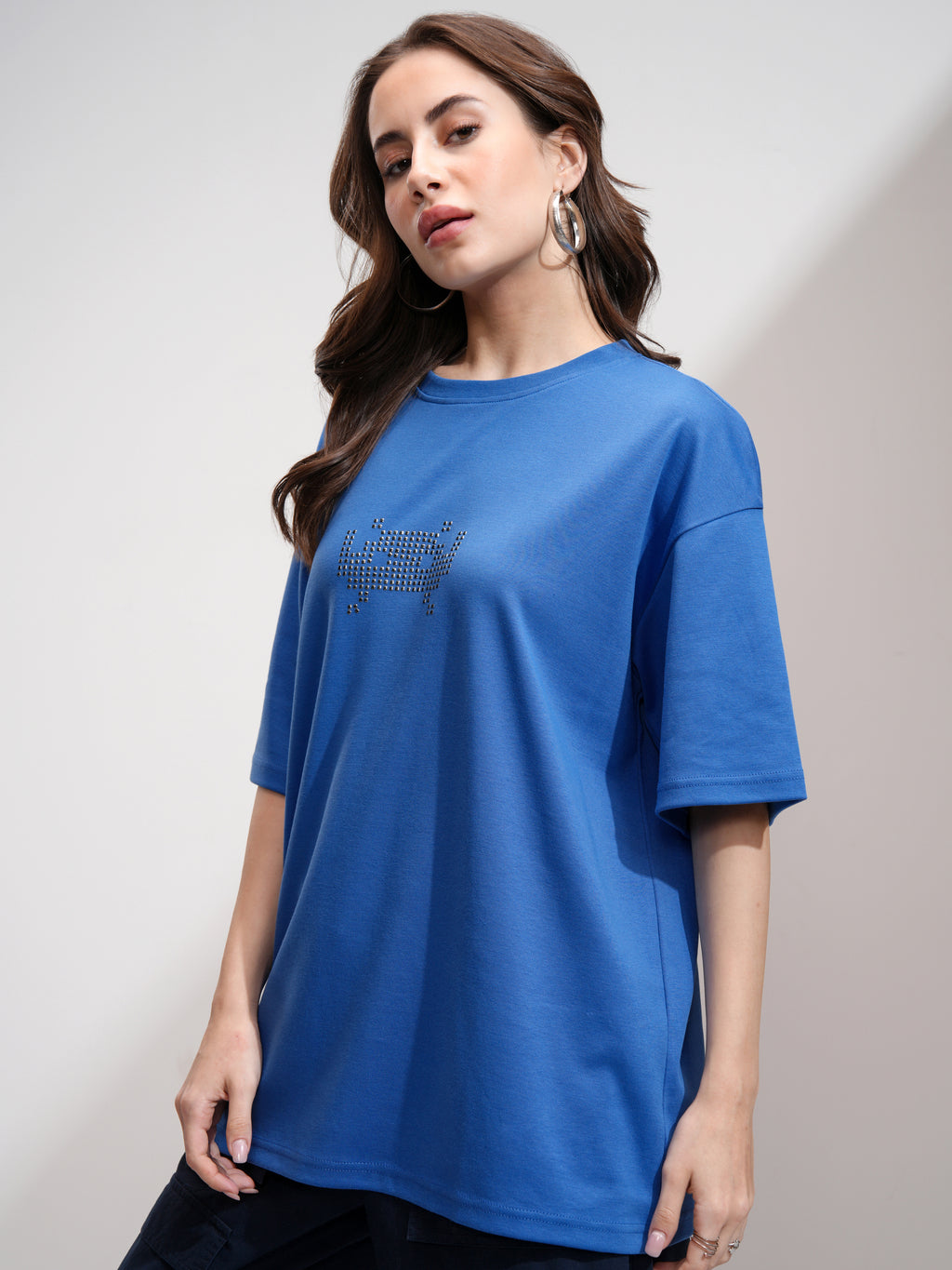 Tokyo Talkies Women Blue Embellished Round Neck Oversized Fit T-Shirt - Blue - Image 4