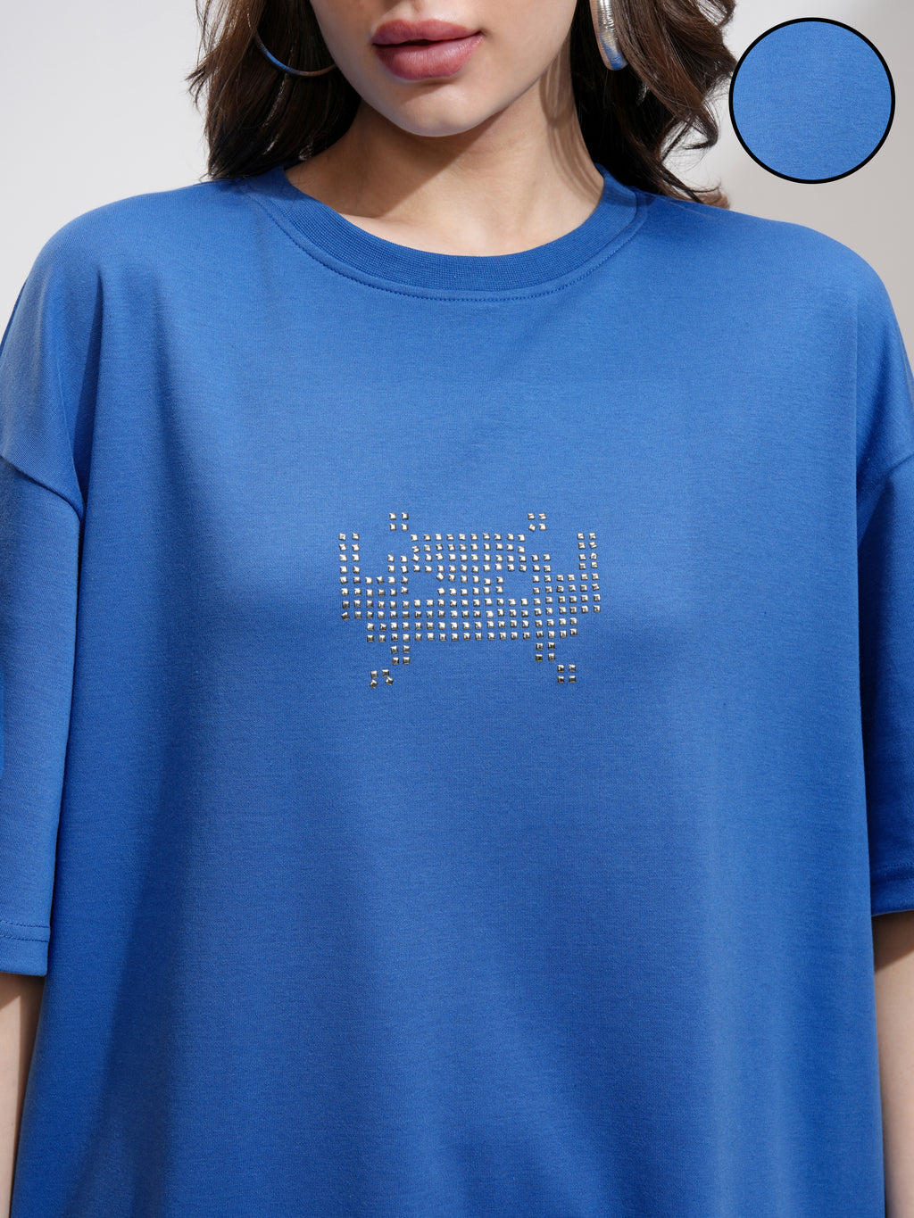 Tokyo Talkies Women Blue Embellished Round Neck Oversized Fit T-Shirt - Blue - Image 5