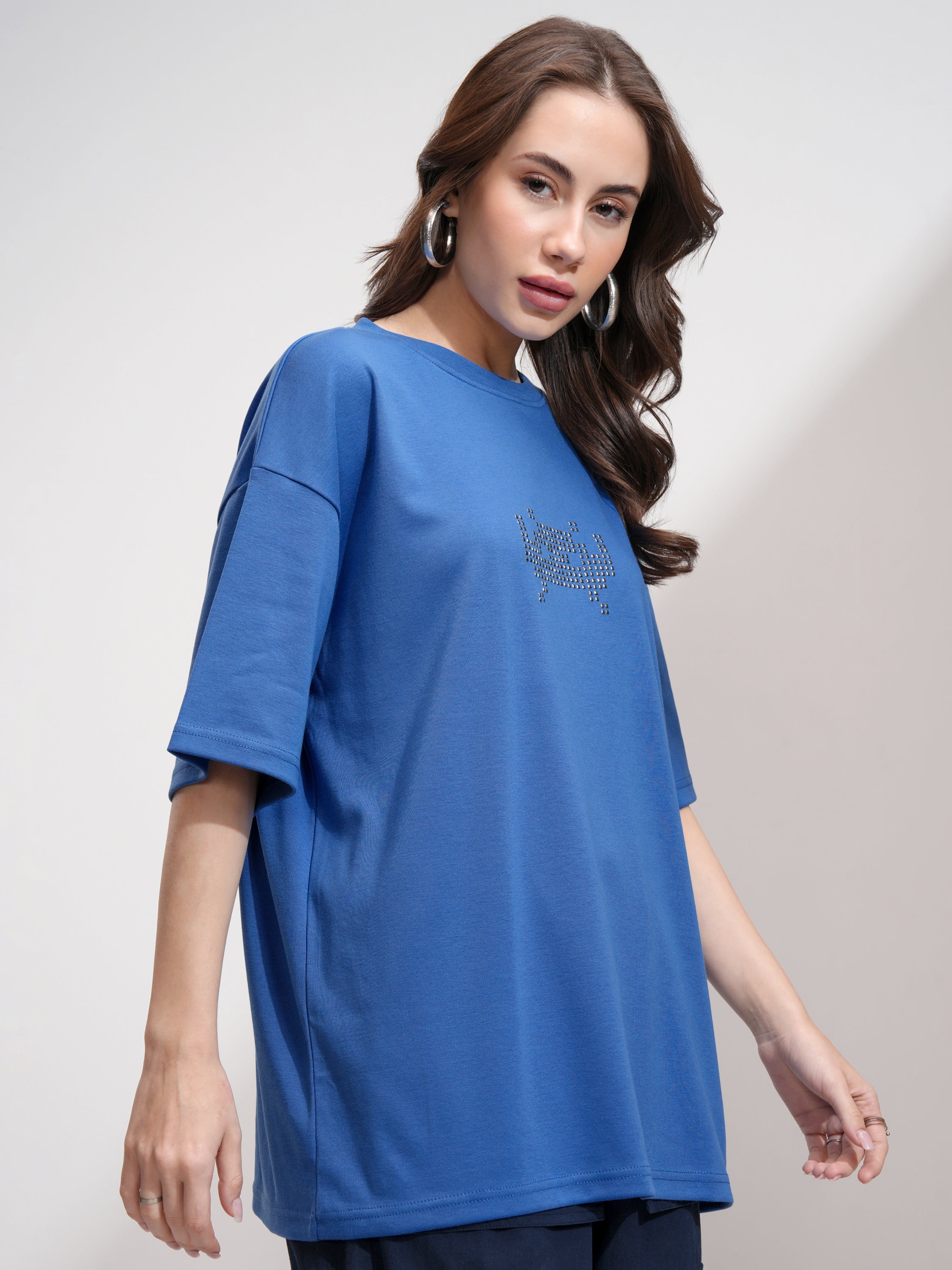 Tokyo Talkies Women Blue Embellished Round Neck Oversized Fit T-Shirt - Blue - Image 6