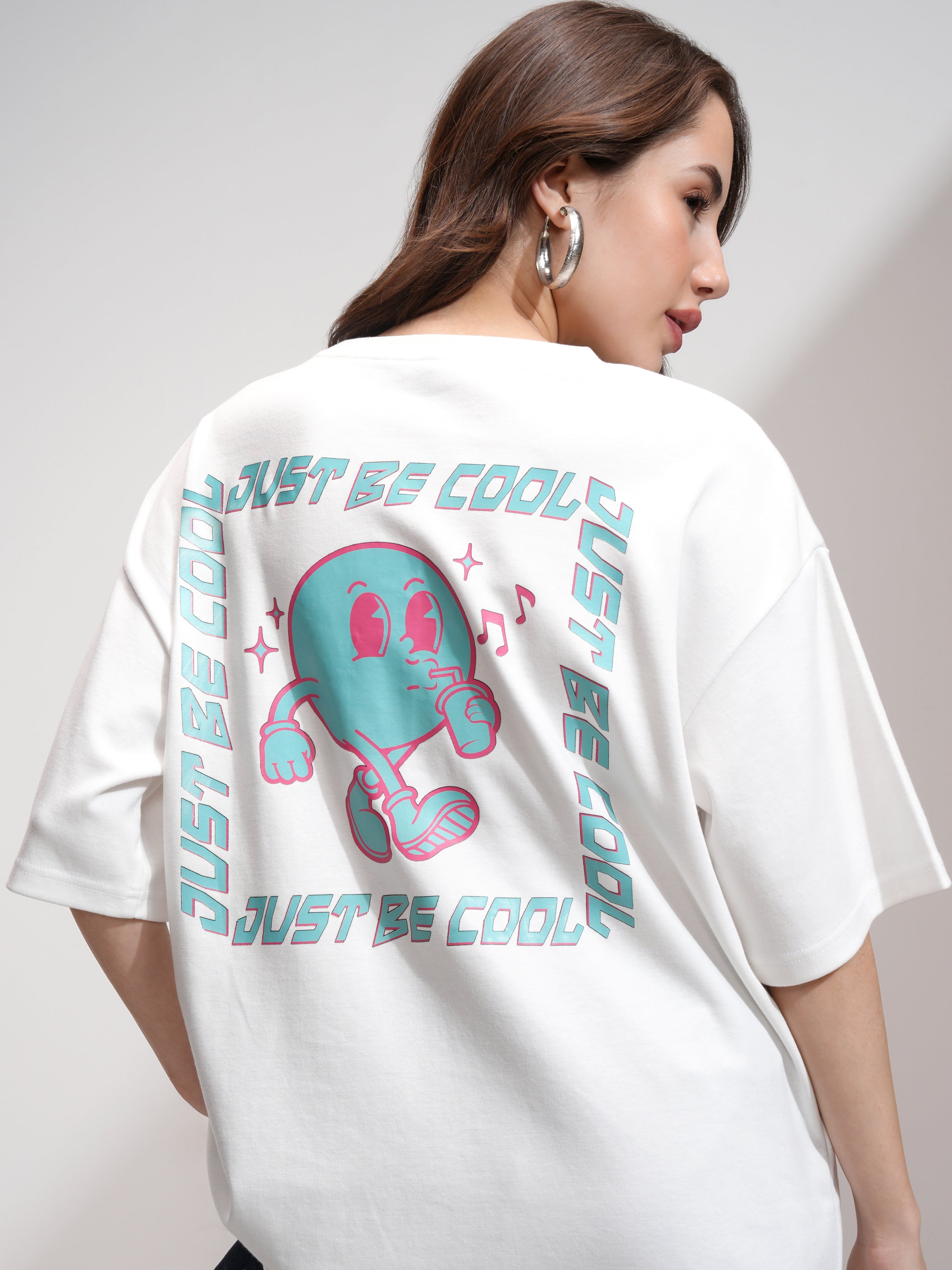 Tokyo Talkies Women White Printed Round Neck Oversized Fit T-Shirt - White - Image 1