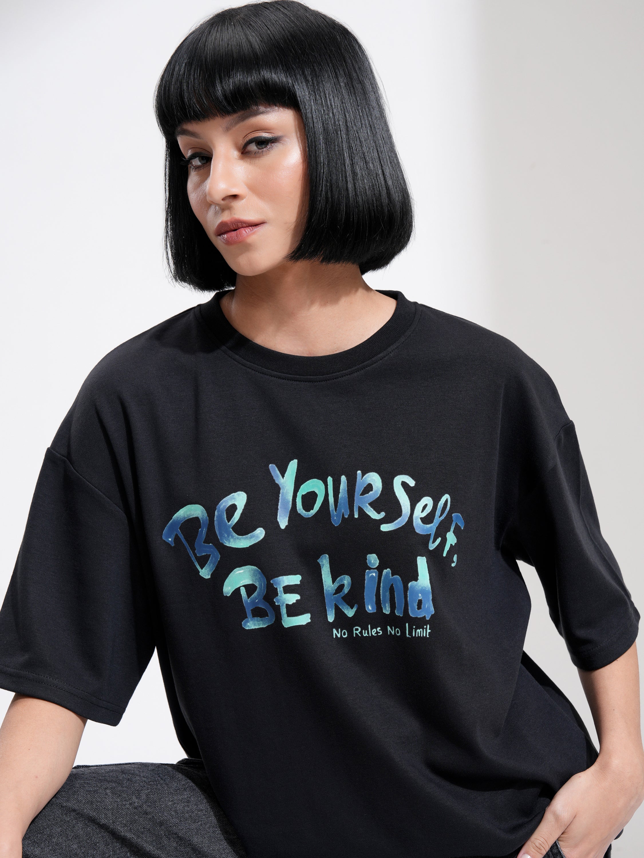 Tokyo Talkies Women Black Printed Round Neck Oversized Fit T-Shirt - Black - Image 1