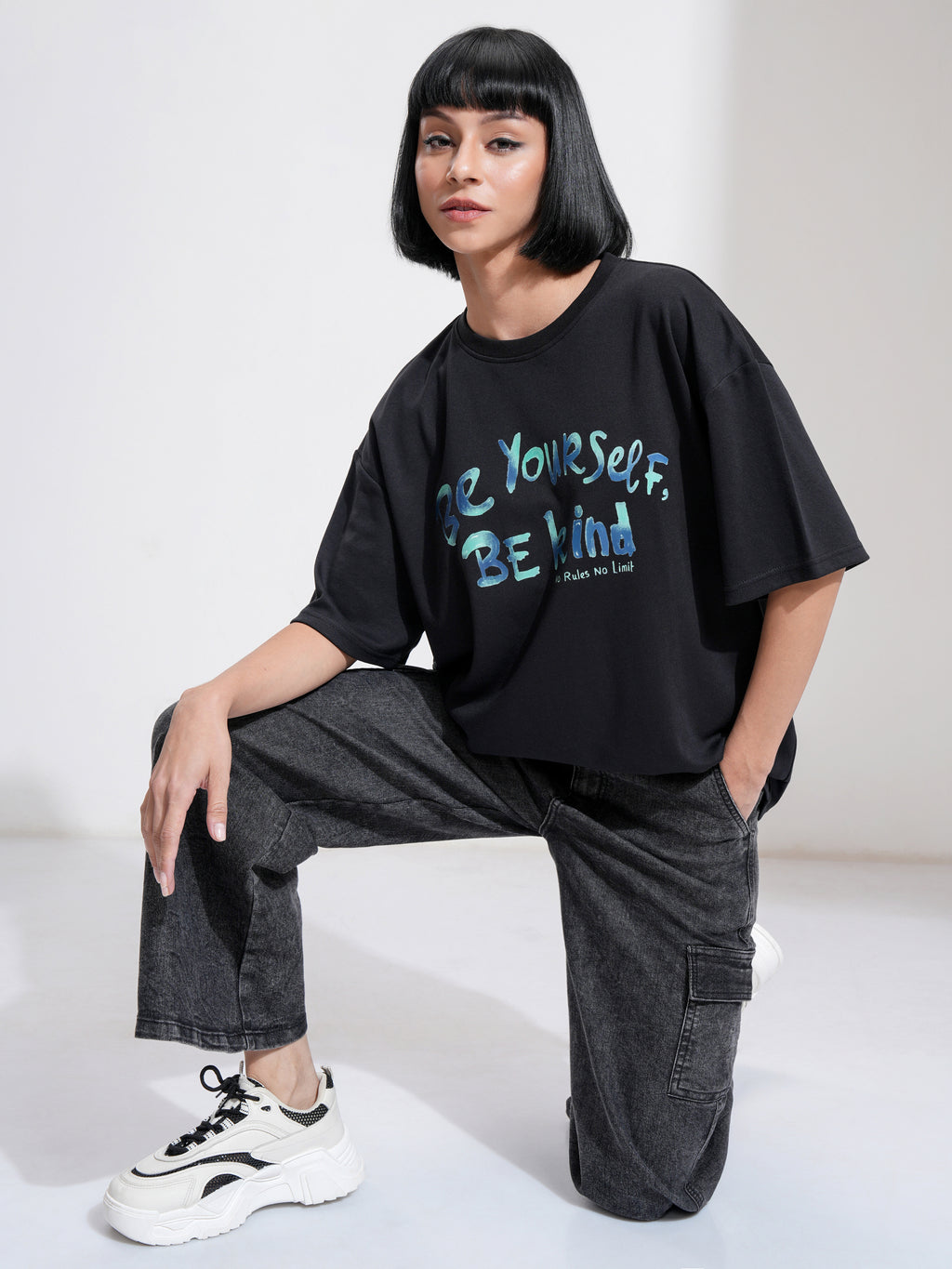 Tokyo Talkies Women Black Printed Round Neck Oversized Fit T-Shirt - Black - Image 2