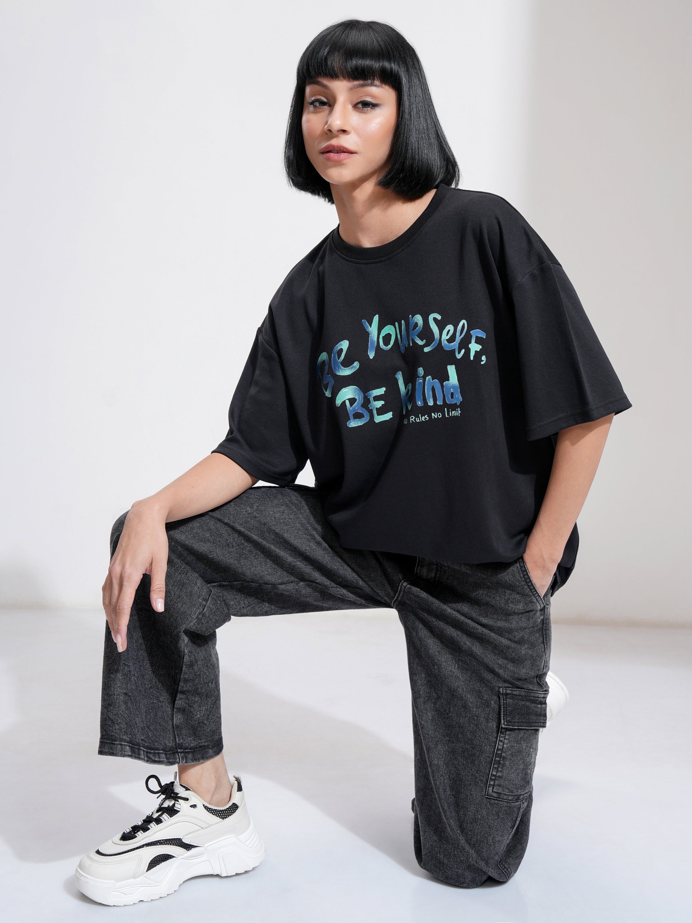 Tokyo Talkies Women Black Printed Round Neck Oversized Fit T-Shirt - Black - Image 2