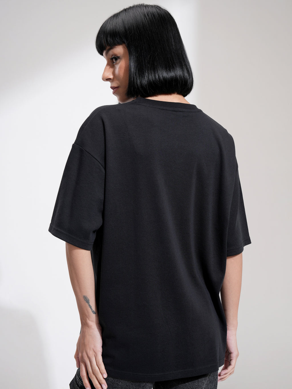 Tokyo Talkies Women Black Printed Round Neck Oversized Fit T-Shirt - Black - Image 3