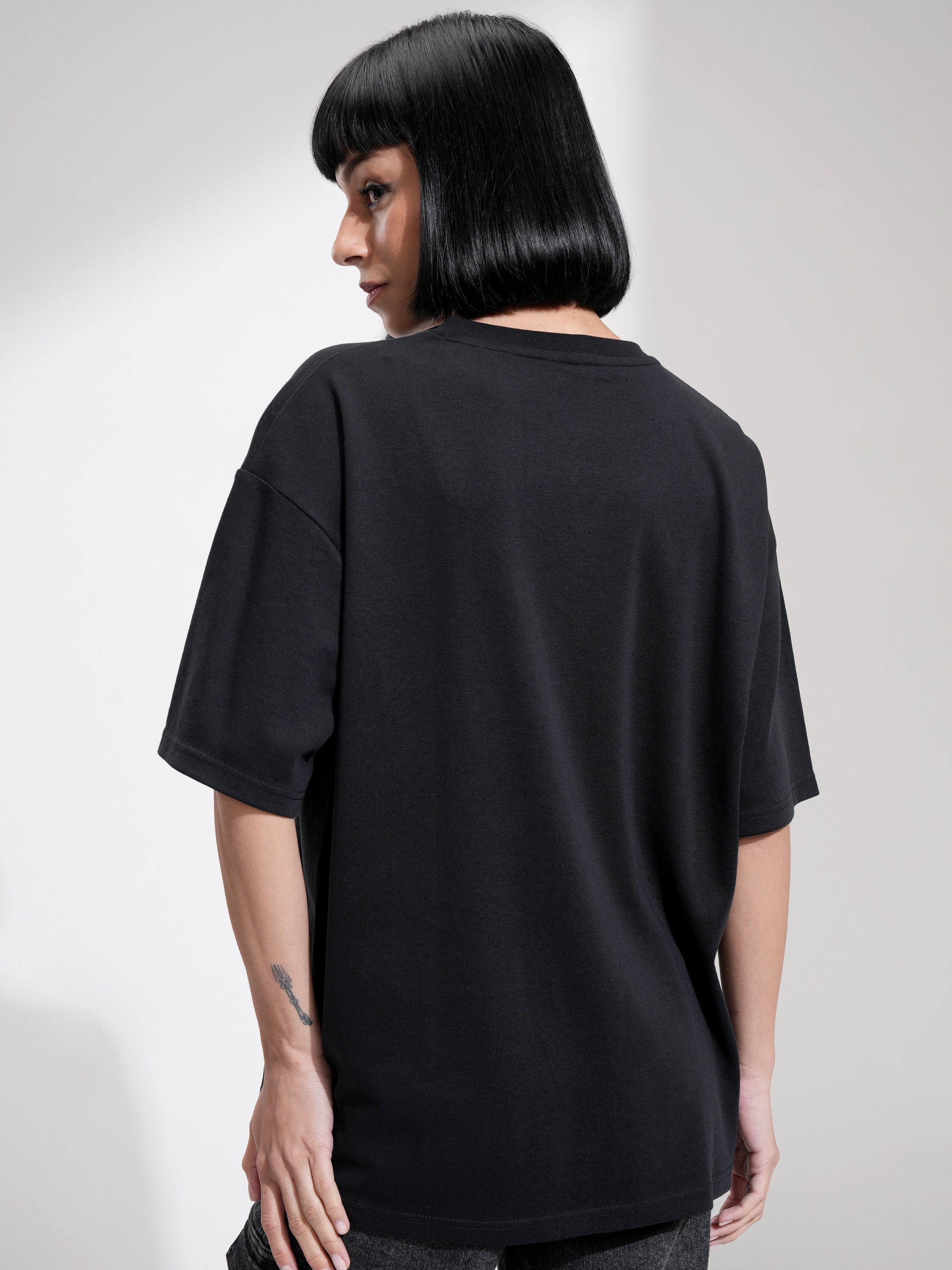 Tokyo Talkies Women Black Printed Round Neck Oversized Fit T-Shirt - Black - Image 3