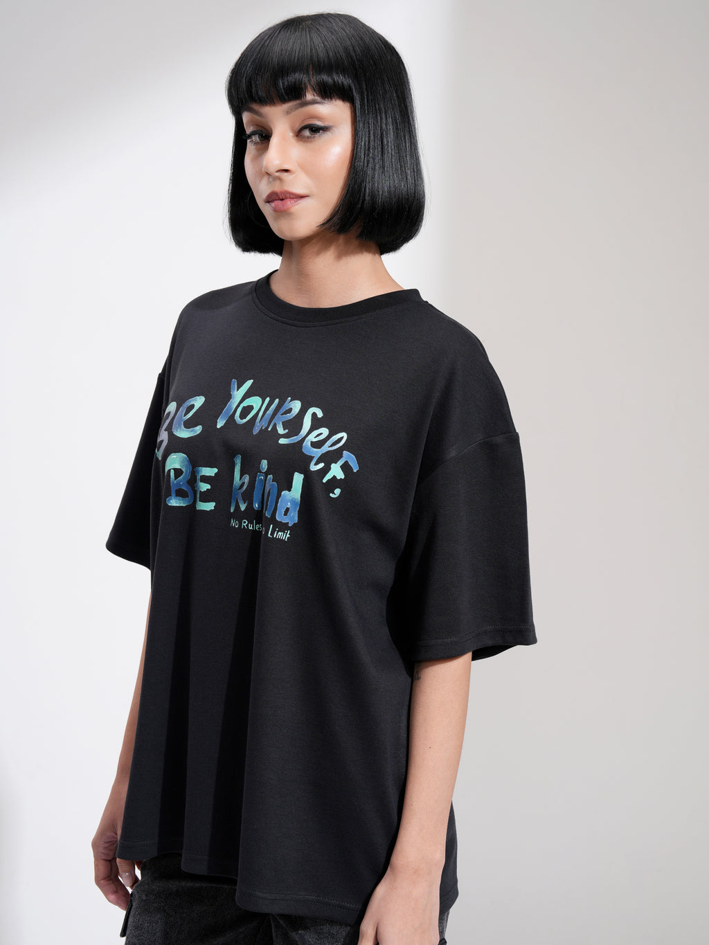 Tokyo Talkies Women Black Printed Round Neck Oversized Fit T-Shirt - Black - Image 4