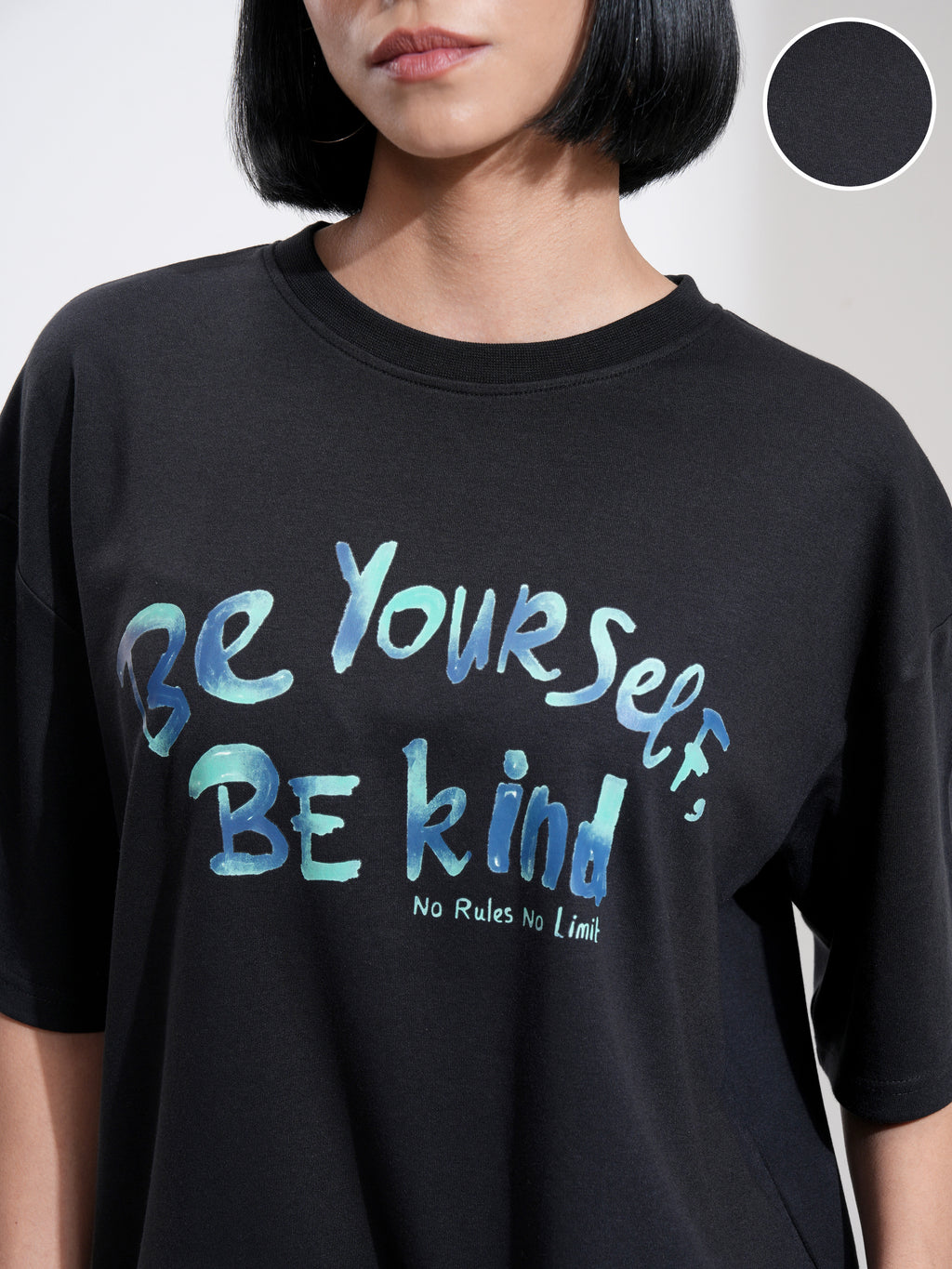 Tokyo Talkies Women Black Printed Round Neck Oversized Fit T-Shirt - Black - Image 5
