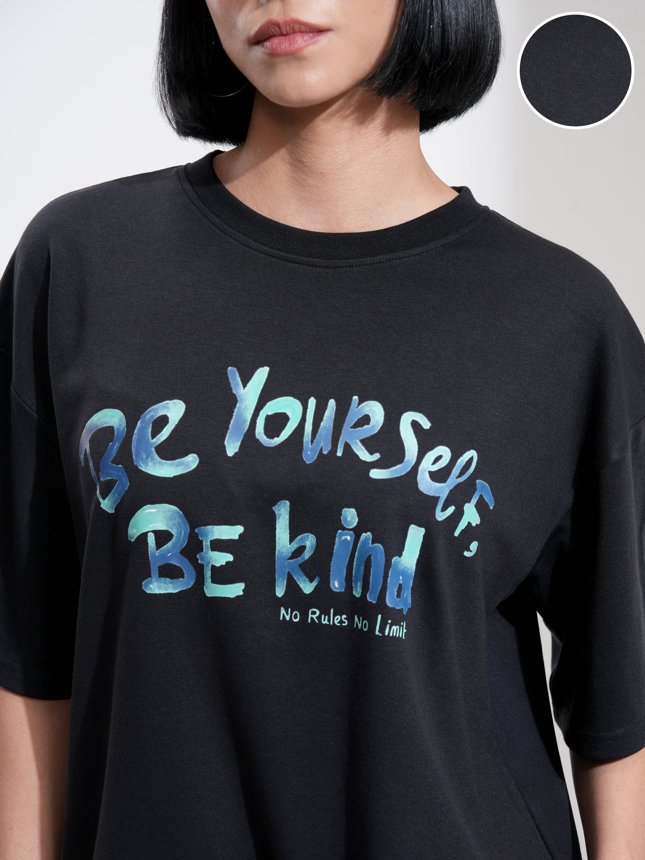 Tokyo Talkies Women Black Printed Round Neck Oversized Fit T-Shirt - Black - Image 5