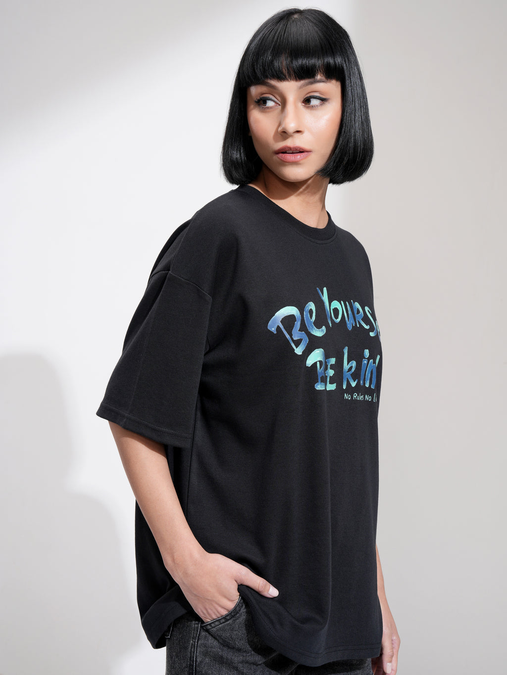 Tokyo Talkies Women Black Printed Round Neck Oversized Fit T-Shirt - Black - Image 6