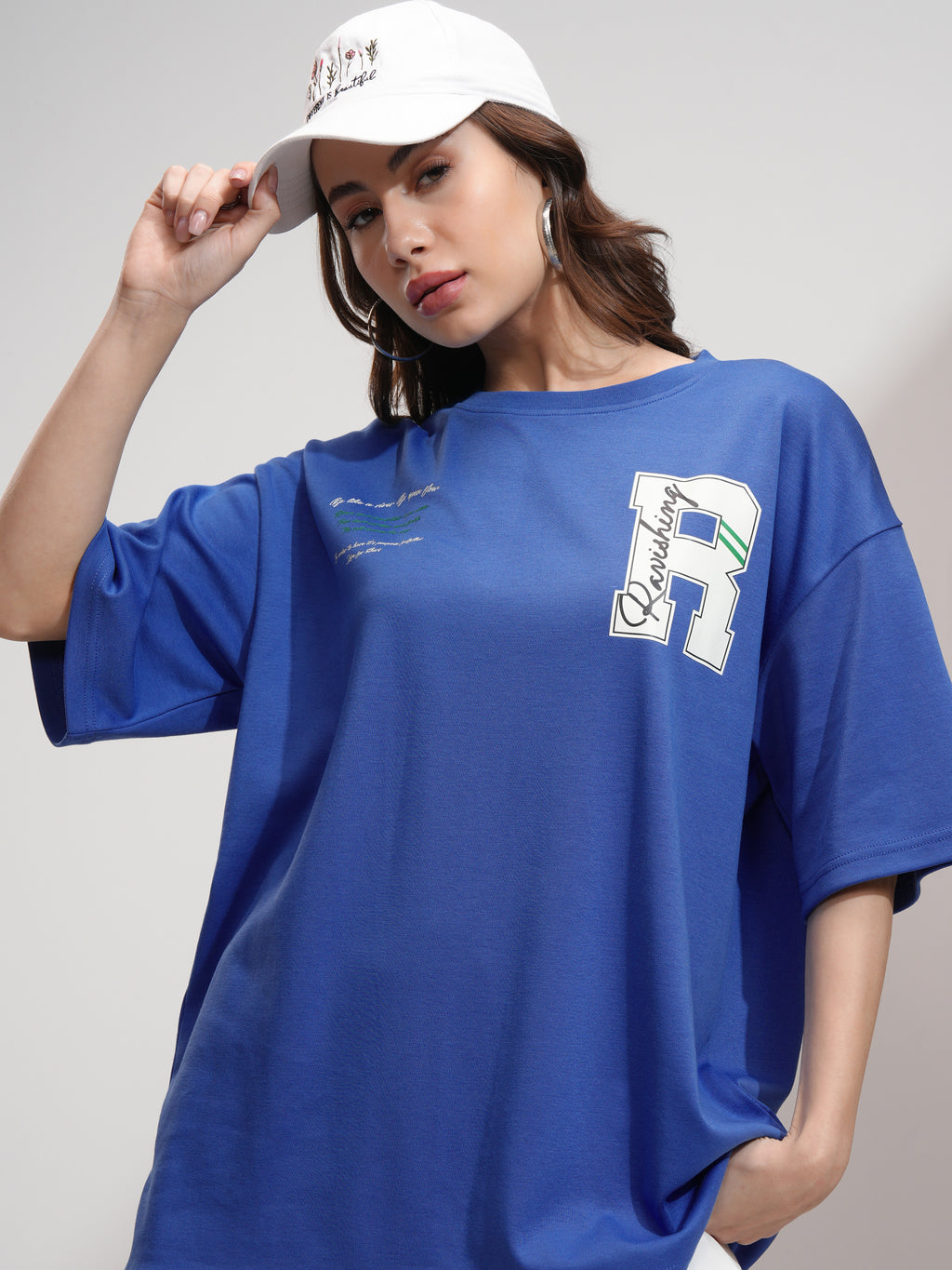 Tokyo Talkies Women Blue Printed Oversized Fit T-Shirt - Blue - Image 1