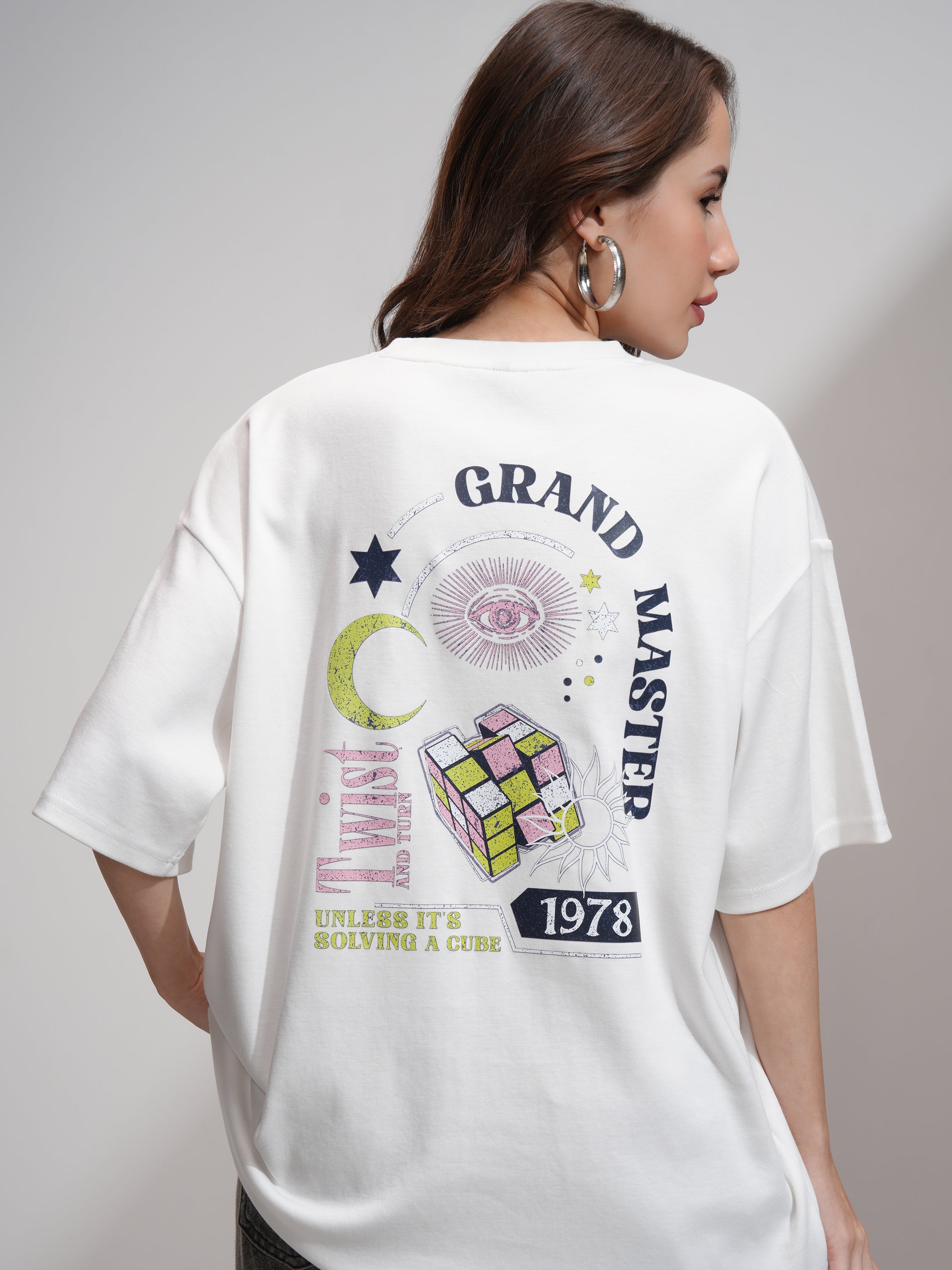 Tokyo Talkies Women White Printed Oversized Fit T-Shirt - White - Image 1