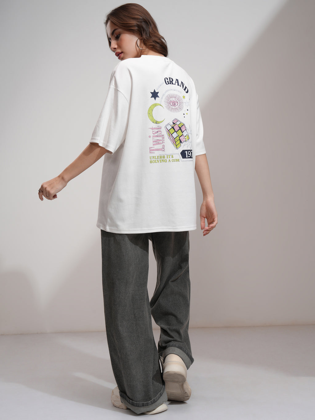 Tokyo Talkies Women White Printed Oversized Fit T-Shirt - White - Image 2