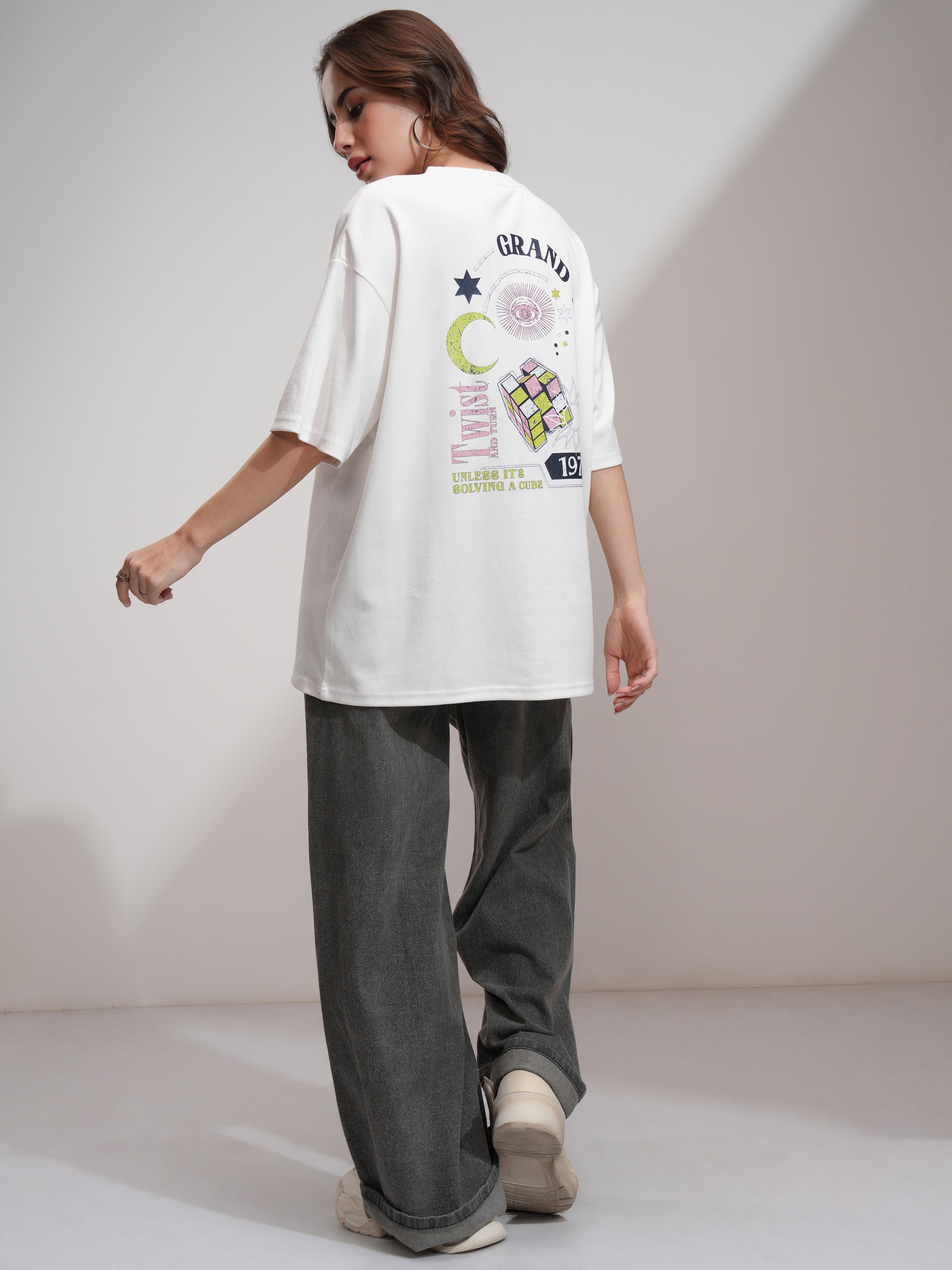 Tokyo Talkies Women White Printed Oversized Fit T-Shirt - White - Image 2
