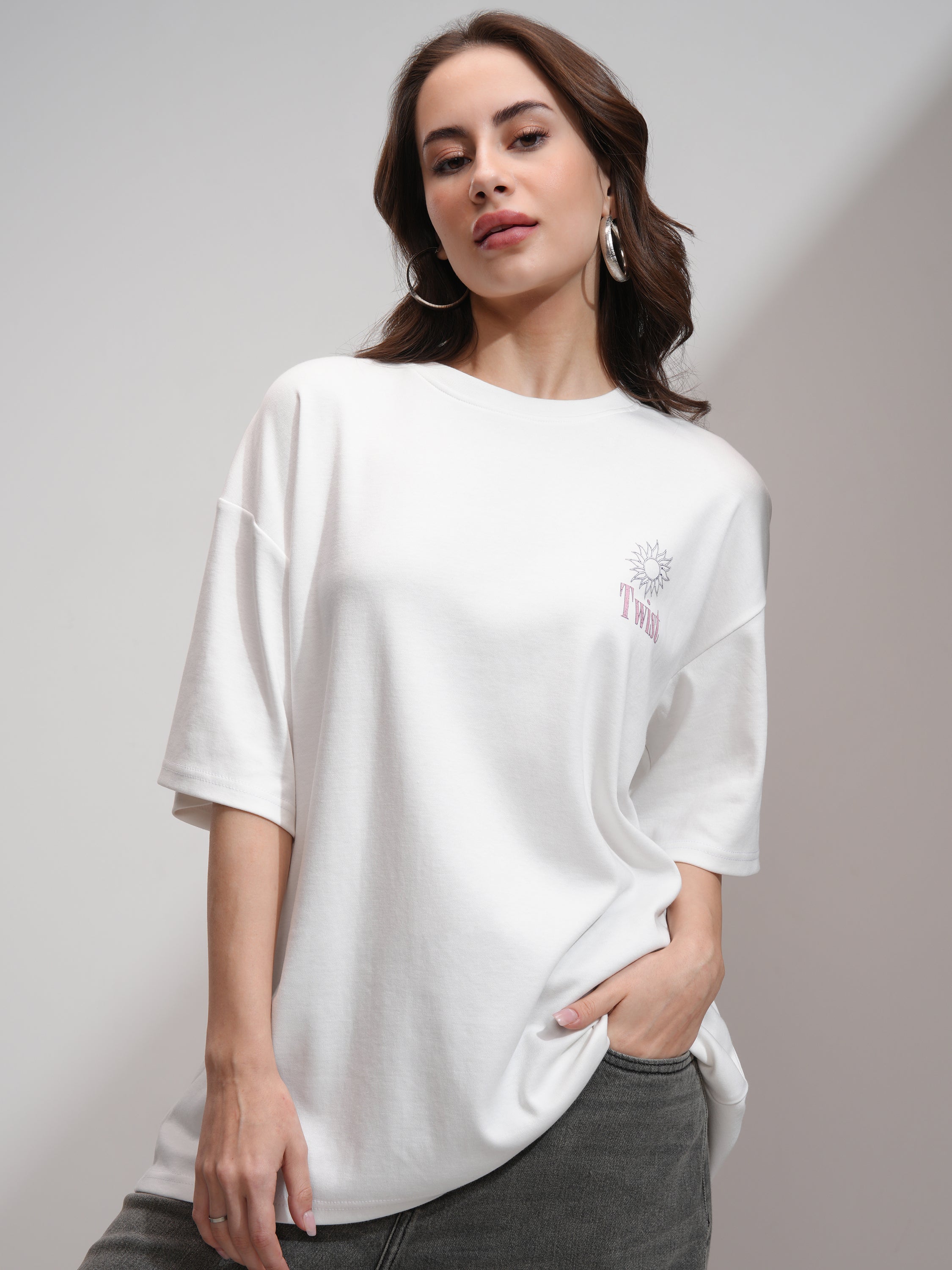 Tokyo Talkies Women White Printed Oversized Fit T-Shirt - White - Image 3
