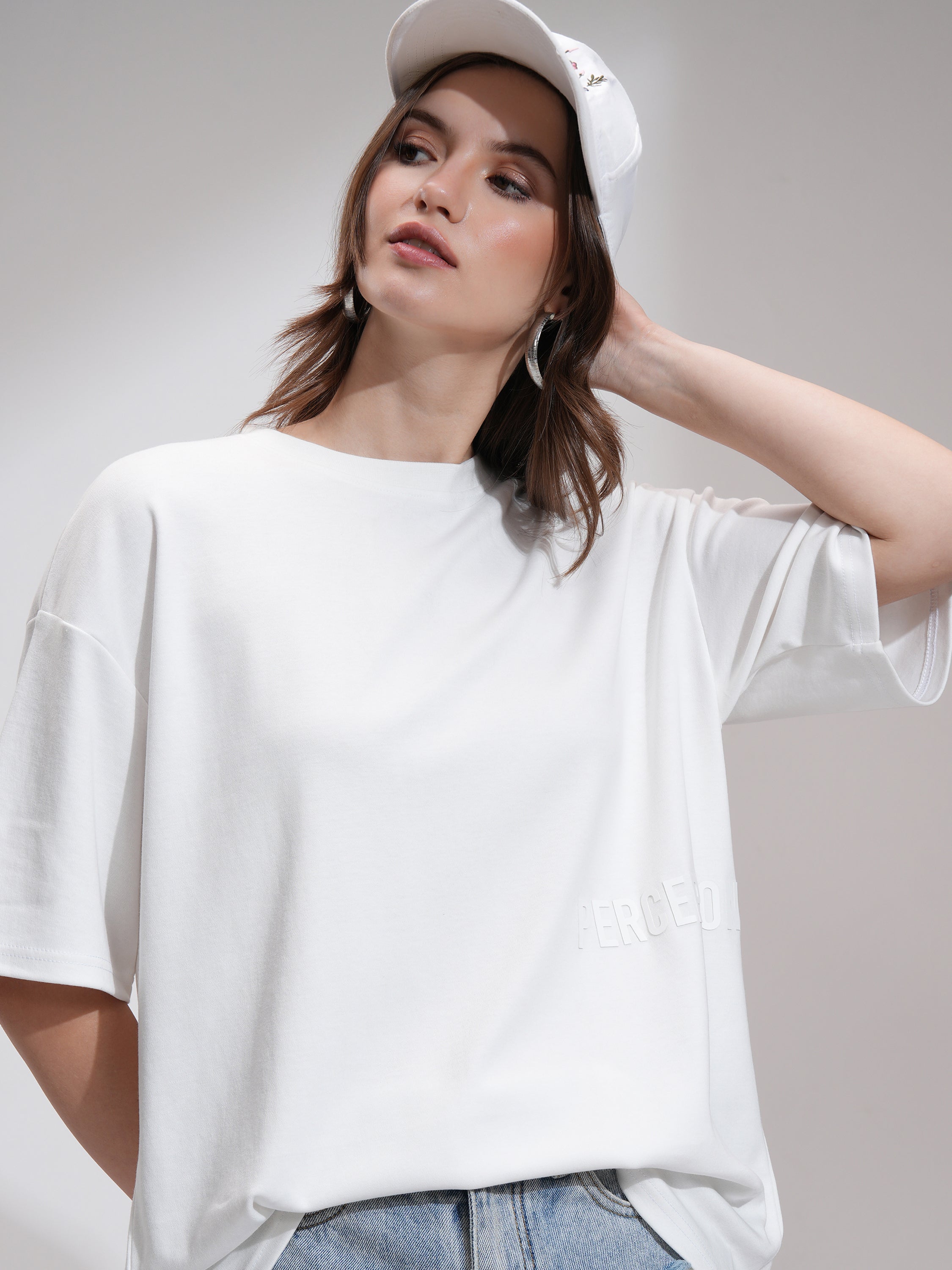 Tokyo Talkies Women White Printed Round Neck Oversized Fit T-Shirt - White - Image 1