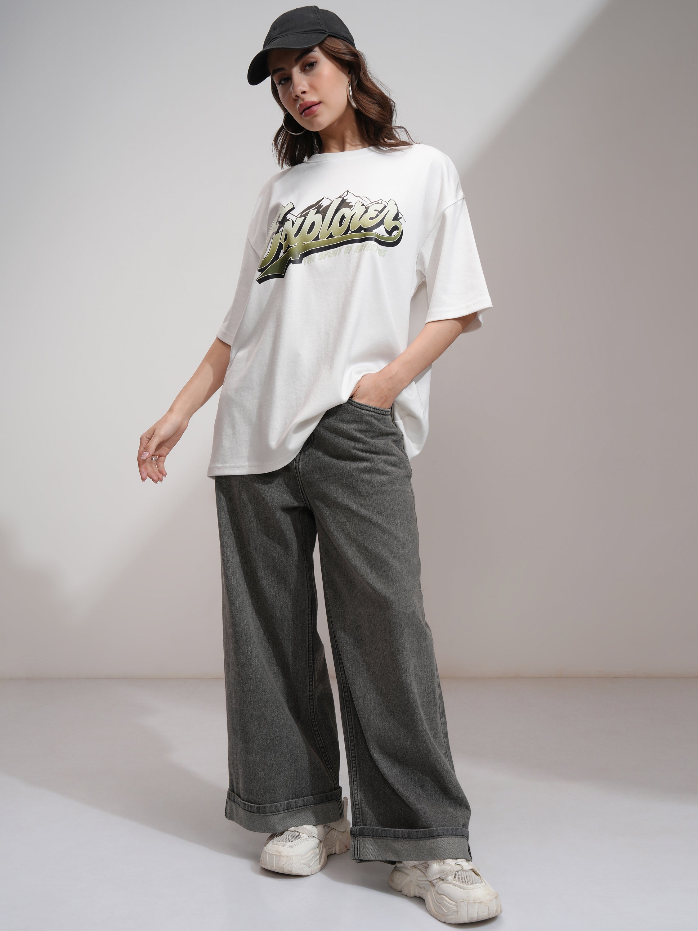 Tokyo Talkies Women White Printed Oversized Fit T-Shirt - White - Image 2