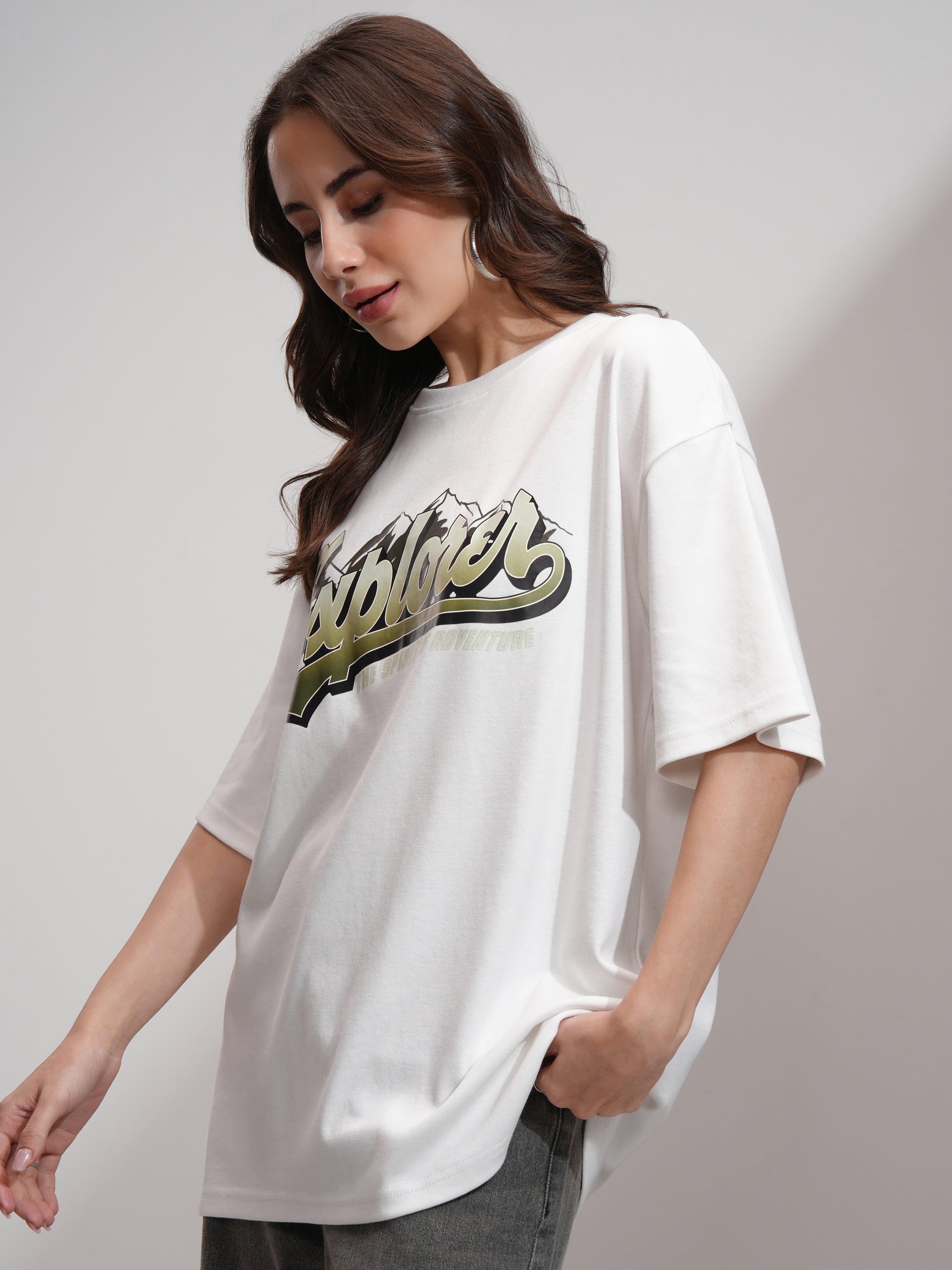 Tokyo Talkies Women White Printed Oversized Fit T-Shirt - White - Image 4