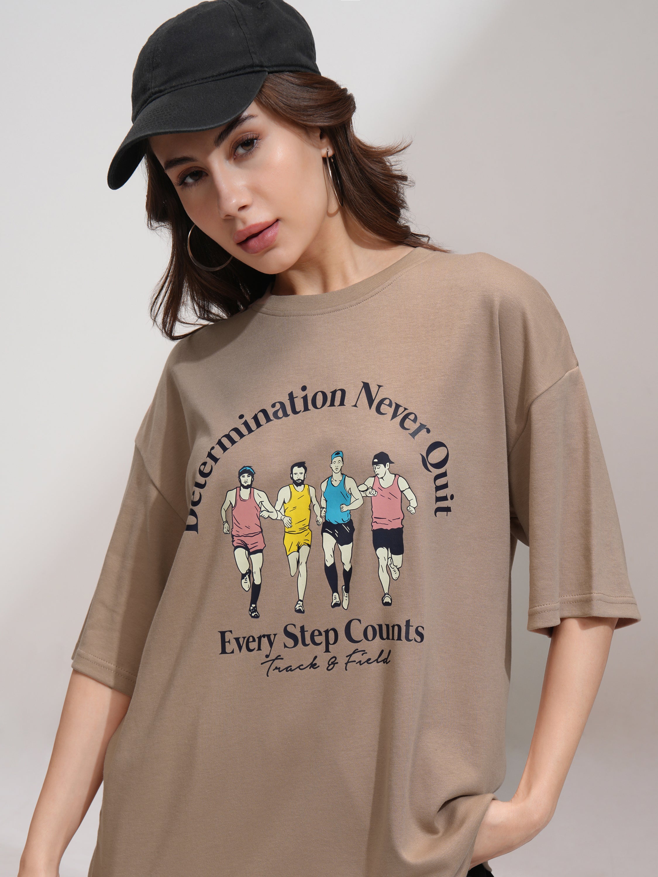 Tokyo Talkies Women Beige Printed Round Neck Oversized Fit T-Shirt - Beige - Image 1