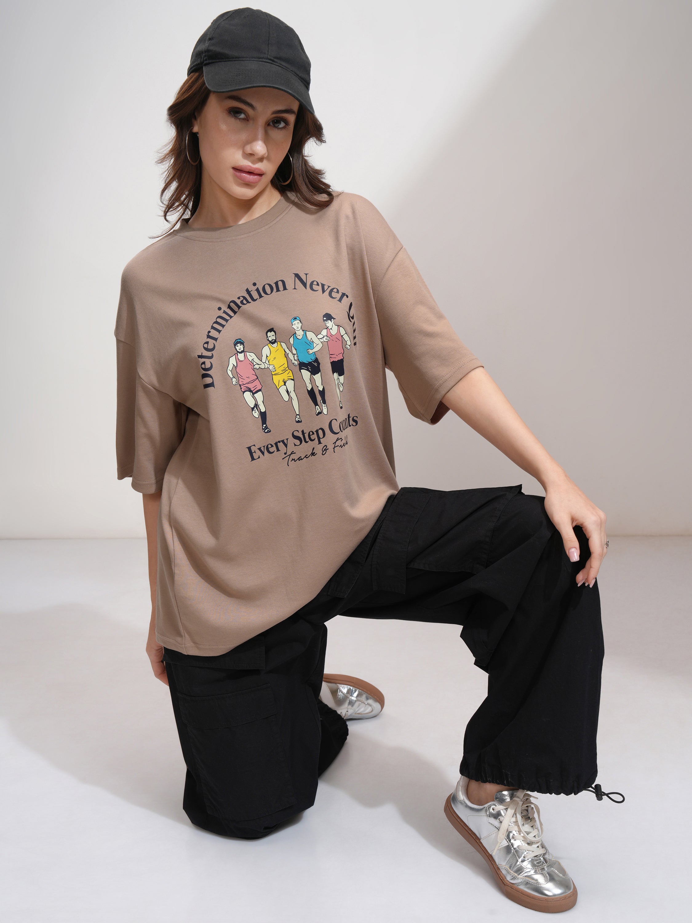 Tokyo Talkies Women Beige Printed Round Neck Oversized Fit T-Shirt - Beige - Image 2